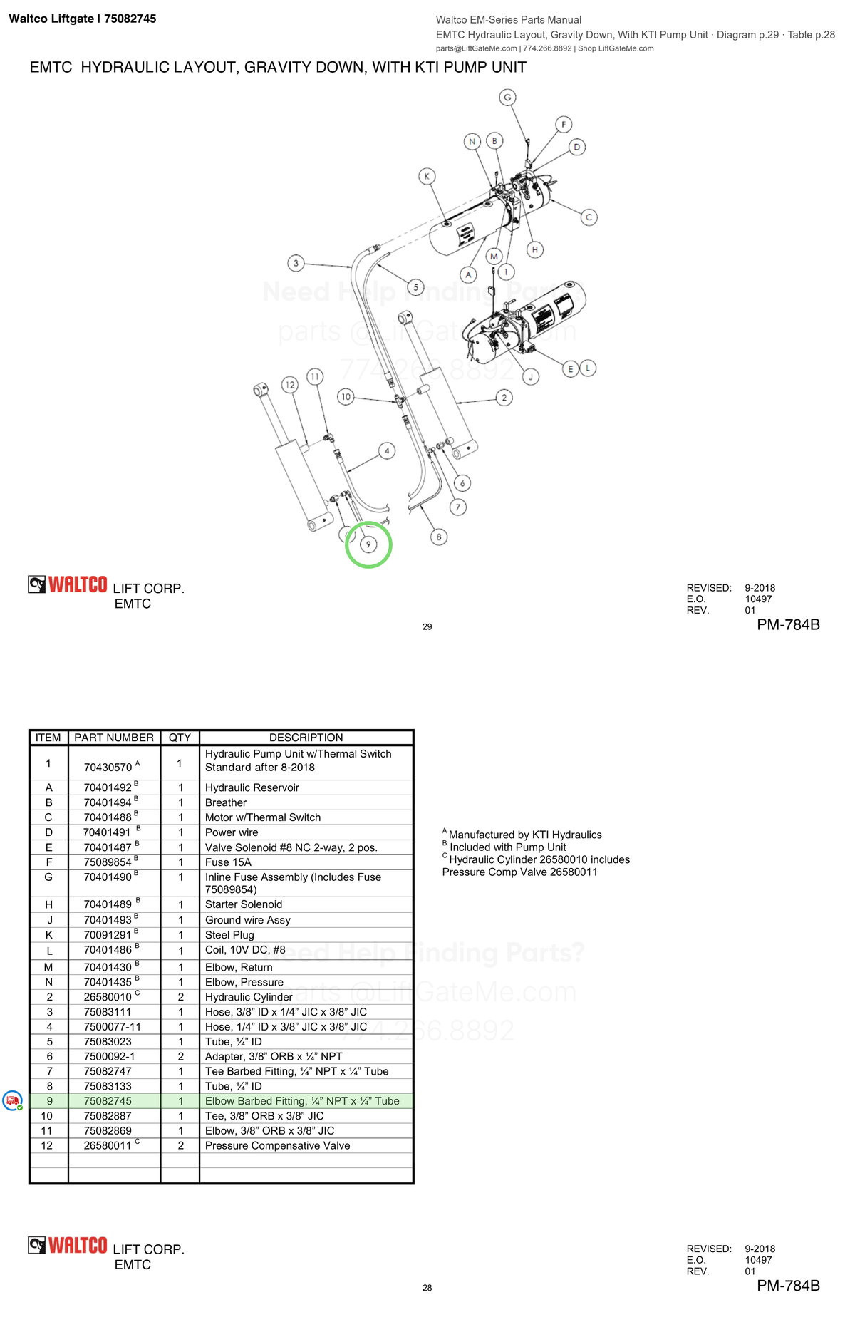 Waltco Liftgate | 75082745 — EMTC Hydraulic Layout, Gravity Down, With KTI Pump Unit · Diagram p.29 · Table p.28 (Waltco EM-Series Parts Manual)