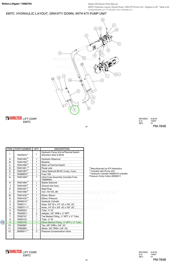 Waltco Liftgate | 75082745 — EMTC Hydraulic Layout, Gravity Down, With KTI Pump Unit · Diagram p.29 · Table p.28 (Waltco EM-Series Parts Manual)
