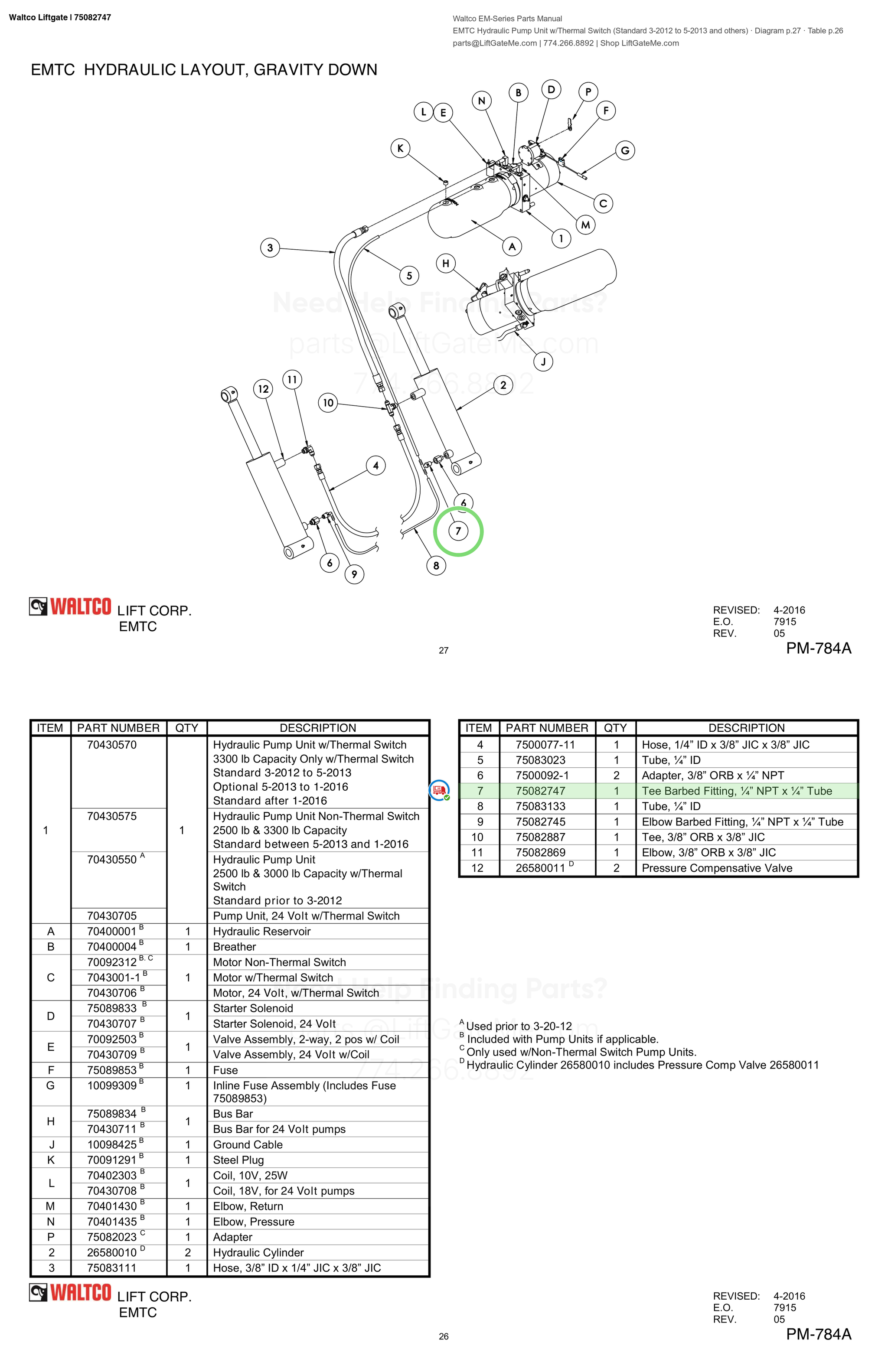 Waltco Liftgate | 75082747 — EMTC Hydraulic Pump Unit w/Thermal Switch (Standard 3-2012 to 5-2013 and others) · Diagram p.27 · Table p.26 (Waltco EM-Series Parts Manual)