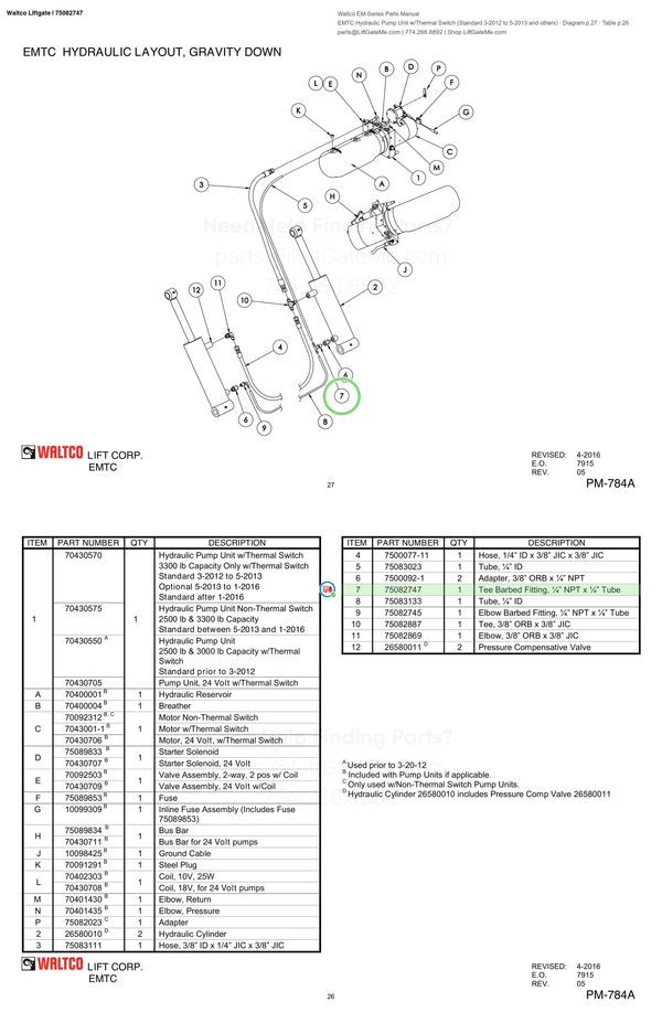 Waltco Liftgate | 75082747 — EMTC Hydraulic Pump Unit w/Thermal Switch (Standard 3-2012 to 5-2013 and others) · Diagram p.27 · Table p.26 (Waltco EM-Series Parts Manual)