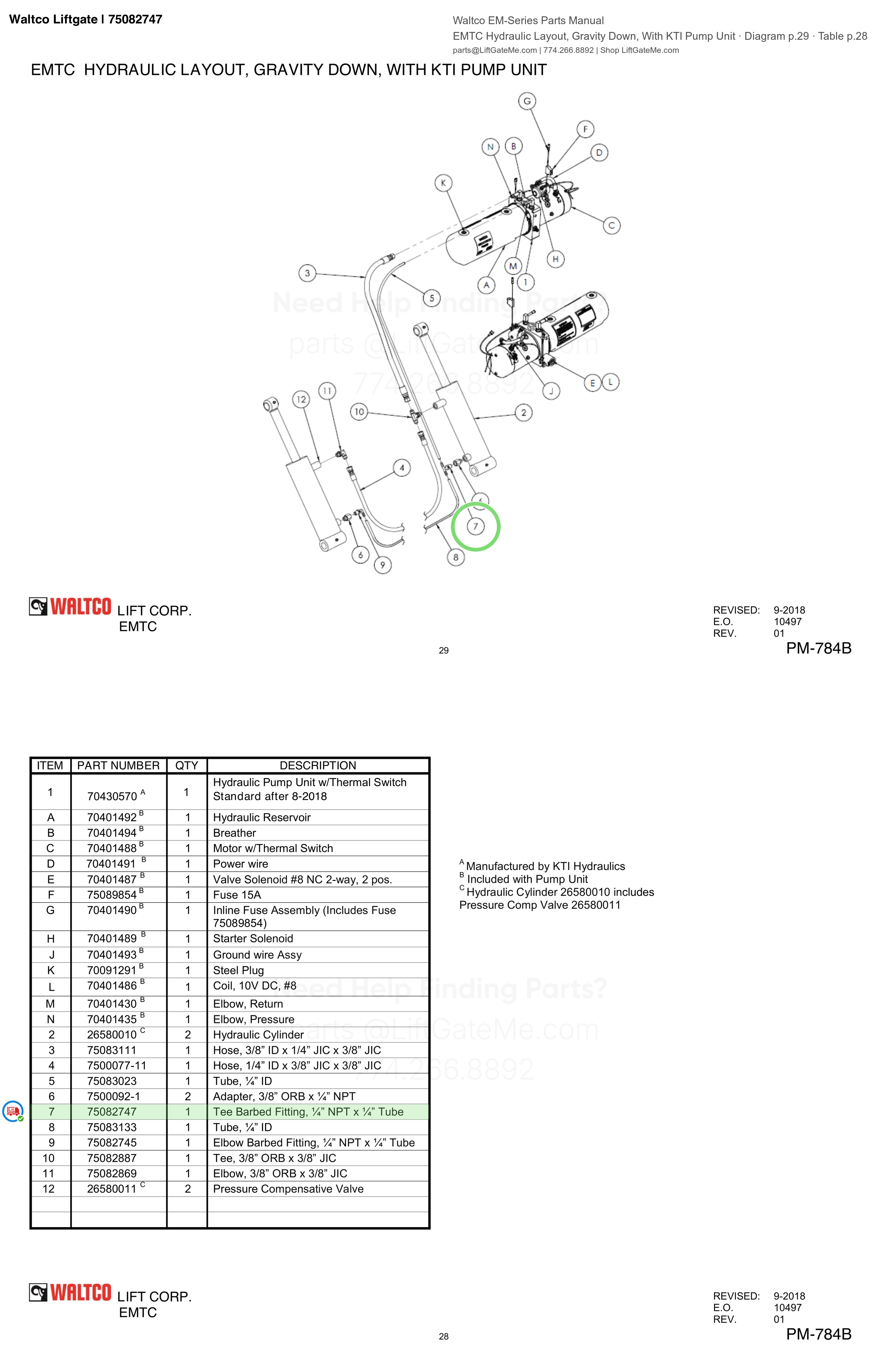 Waltco Liftgate | 75082747 — EMTC Hydraulic Layout, Gravity Down, With KTI Pump Unit · Diagram p.29 · Table p.28 (Waltco EM-Series Parts Manual)