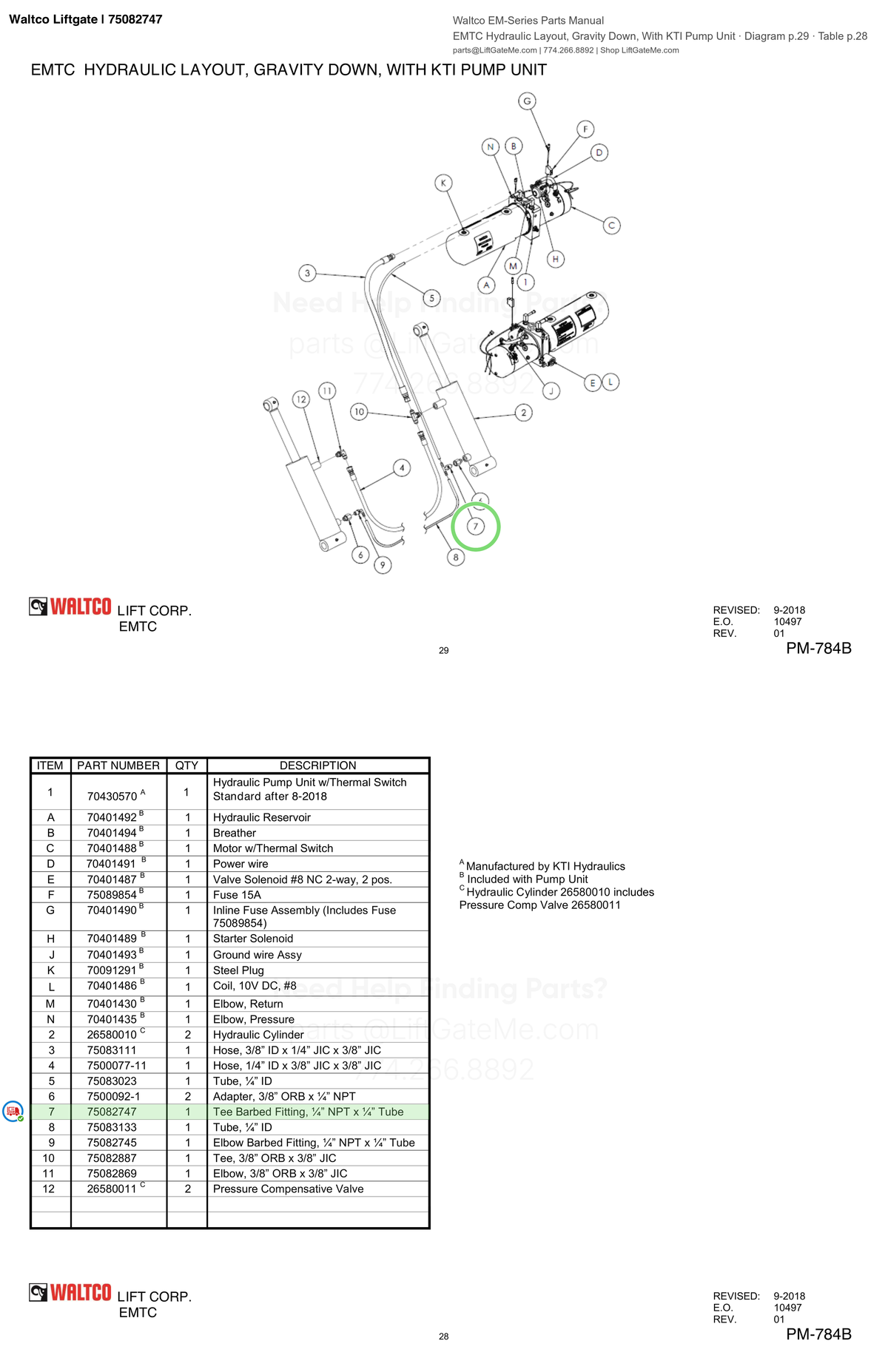 Waltco Liftgate | 75082747 — EMTC Hydraulic Layout, Gravity Down, With KTI Pump Unit · Diagram p.29 · Table p.28 (Waltco EM-Series Parts Manual)