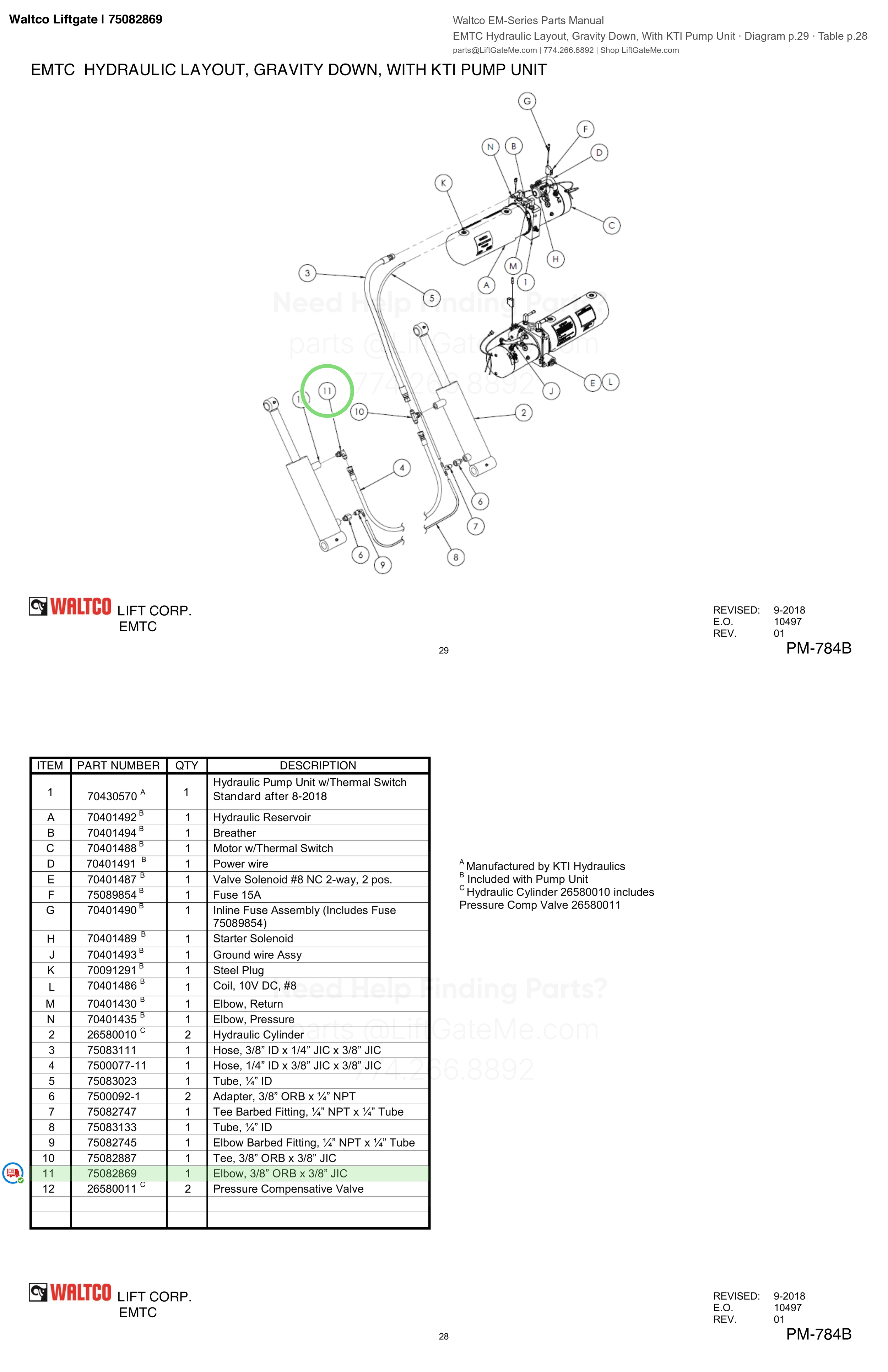 Waltco Liftgate | 75082869 — EMTC Hydraulic Layout, Gravity Down, With KTI Pump Unit · Diagram p.29 · Table p.28 (Waltco EM-Series Parts Manual)