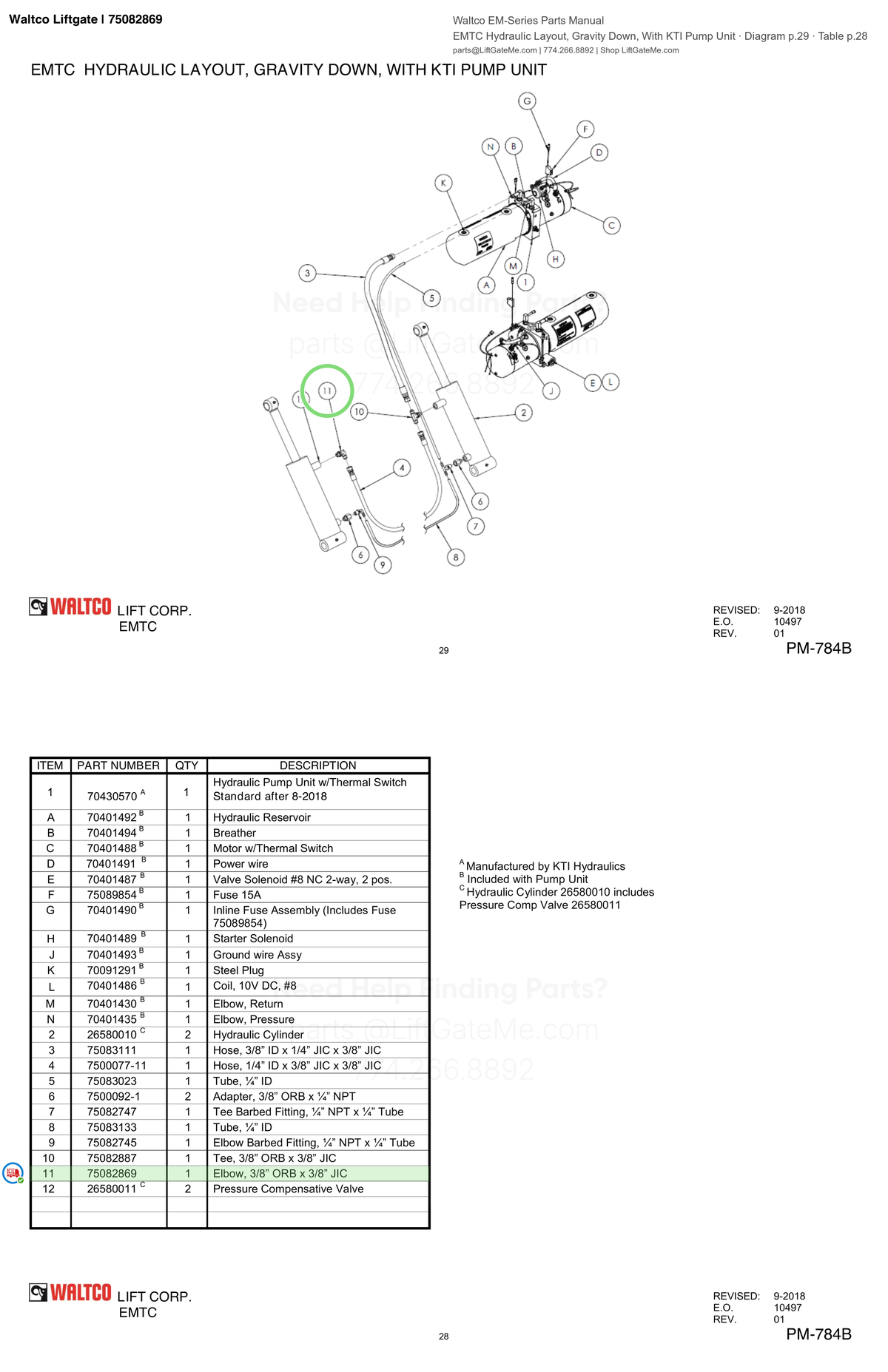 Waltco Liftgate | 75082869 — EMTC Hydraulic Layout, Gravity Down, With KTI Pump Unit · Diagram p.29 · Table p.28 (Waltco EM-Series Parts Manual)