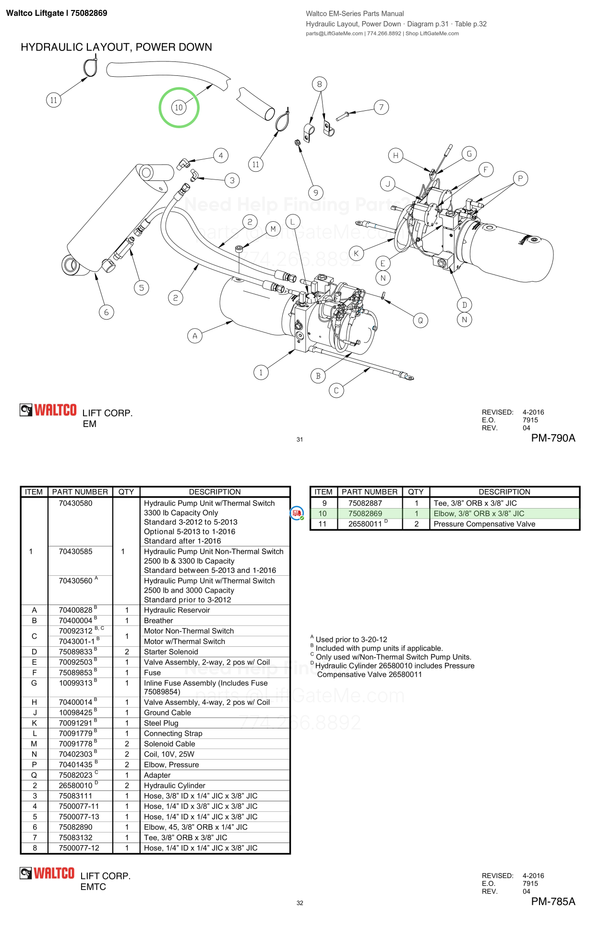 Waltco Liftgate | 75082869 — Hydraulic Layout, Power Down · Diagram p.31 · Table p.32 (Waltco EM-Series Parts Manual)