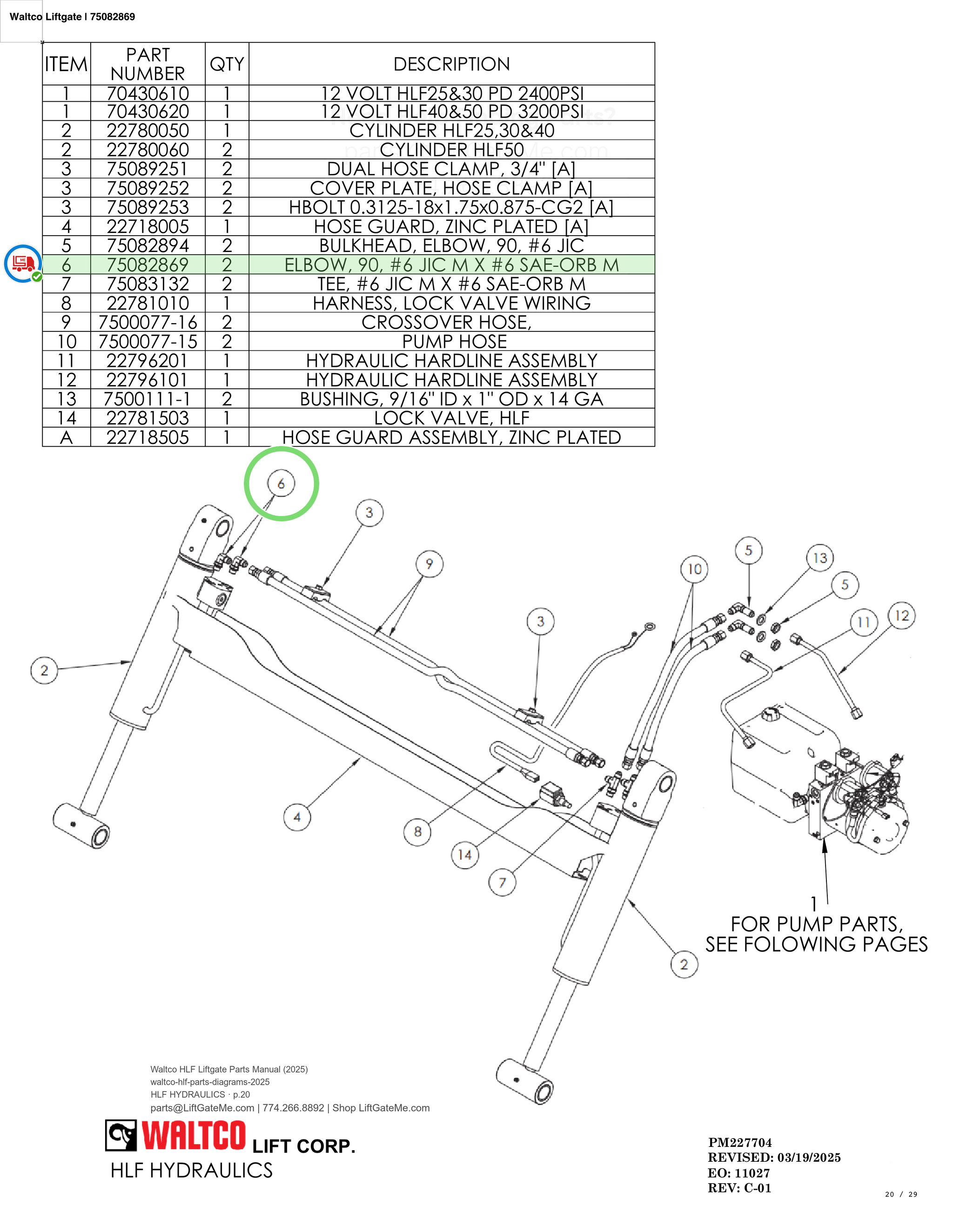 Waltco Liftgate | 75082869 — HLF HYDRAULICS · p.20 (Waltco HLF Parts Manual)