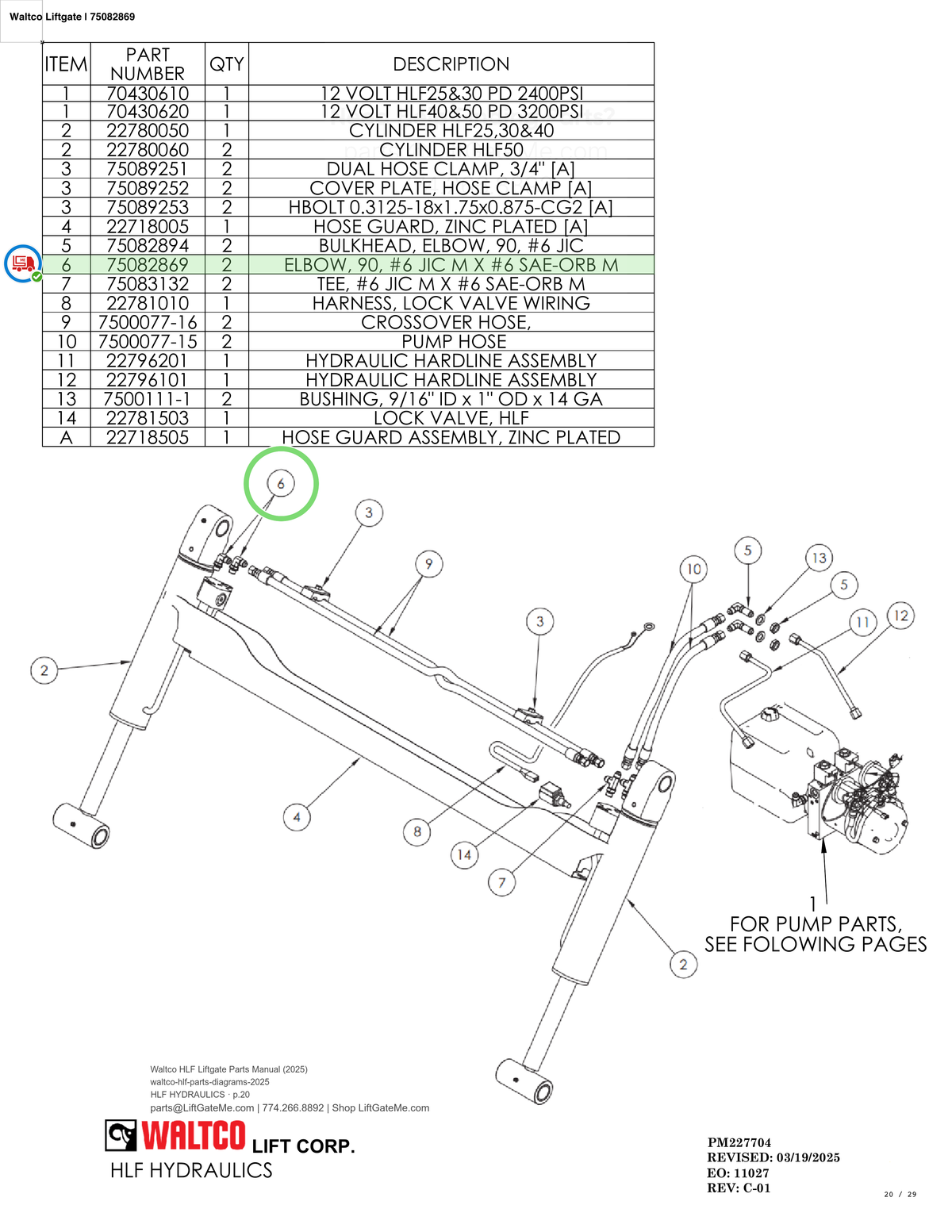 Waltco Liftgate | 75082869 — HLF HYDRAULICS · p.20 (Waltco HLF Parts Manual)