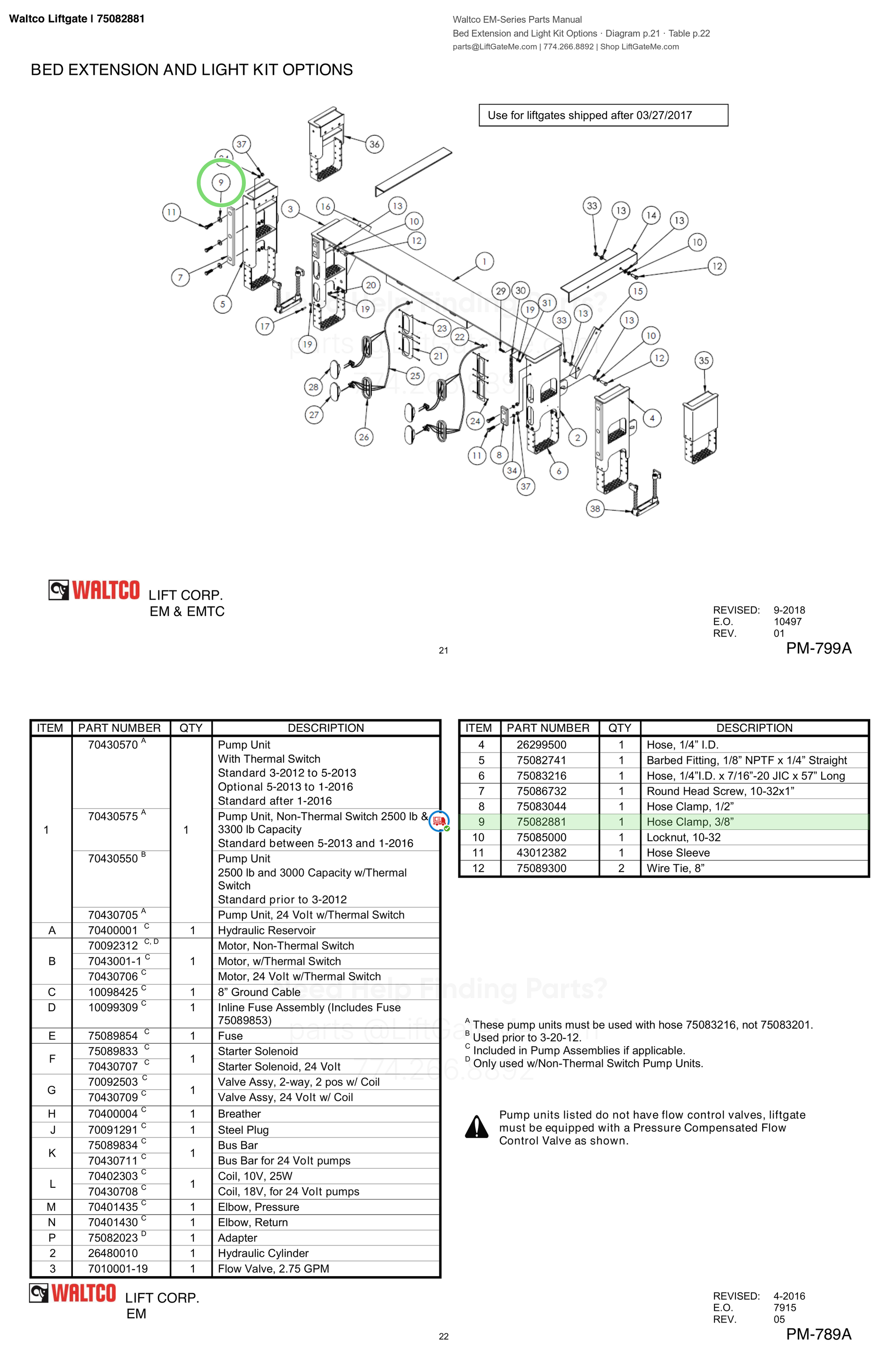 Waltco Liftgate | 75082881 — Bed Extension and Light Kit Options · Diagram p.21 · Table p.22 (Waltco EM-Series Parts Manual)