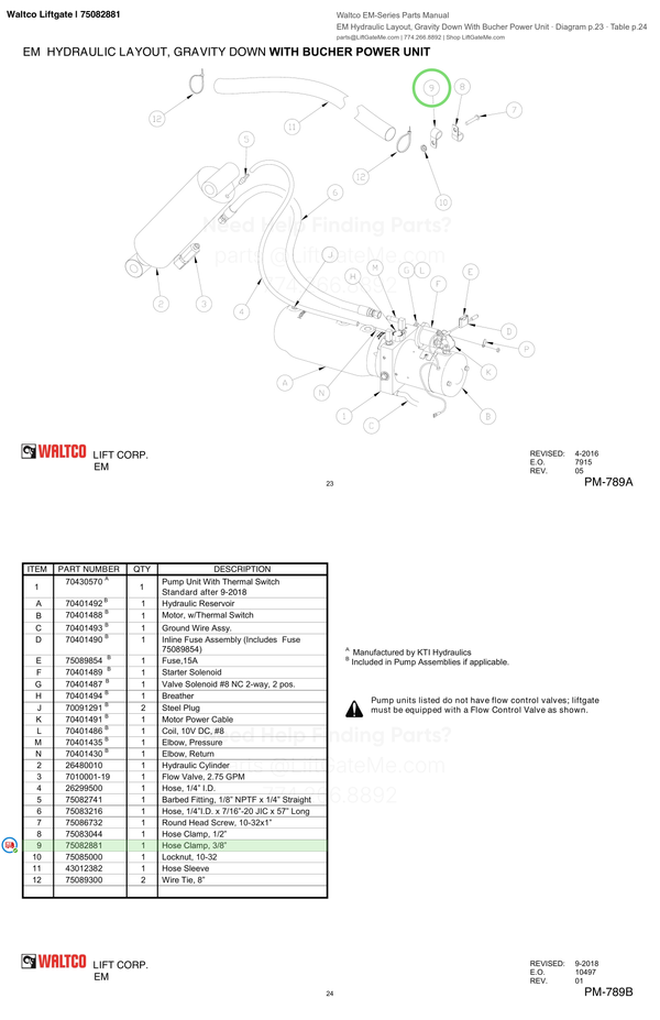Waltco Liftgate | 75082881 — EM Hydraulic Layout, Gravity Down With Bucher Power Unit · Diagram p.23 · Table p.24 (Waltco EM-Series Parts Manual)
