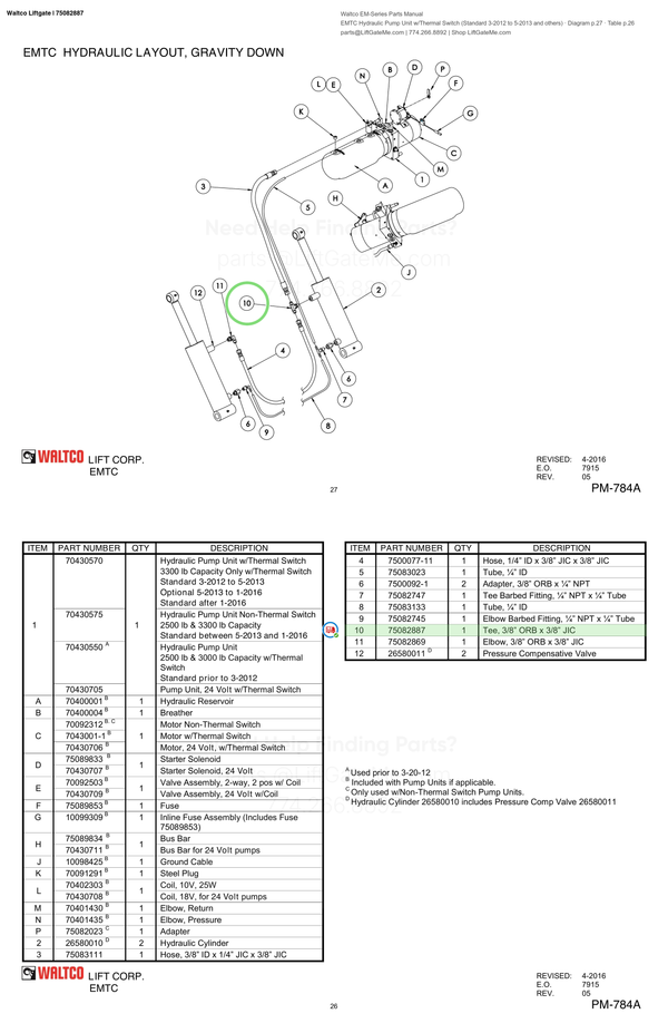 Waltco Liftgate | 75082887 — EMTC Hydraulic Pump Unit w/Thermal Switch (Standard 3-2012 to 5-2013 and others) · Diagram p.27 · Table p.26 (Waltco EM-Series Parts Manual)