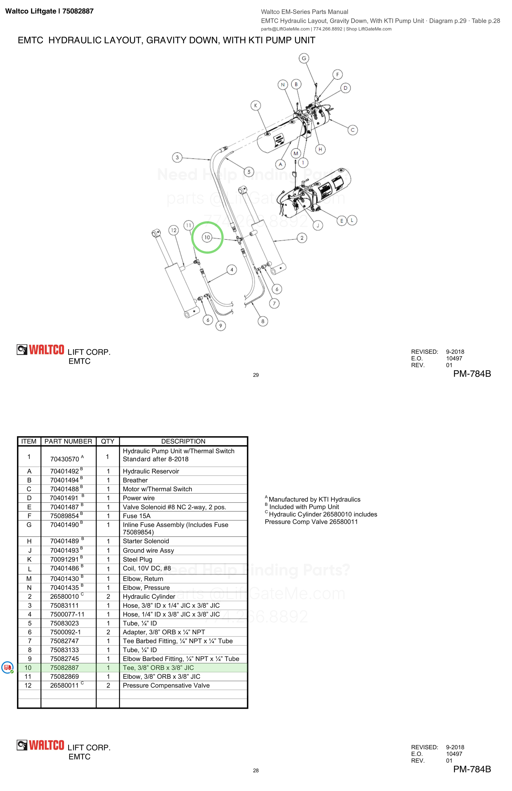 Waltco Liftgate | 75082887 — EMTC Hydraulic Layout, Gravity Down, With KTI Pump Unit · Diagram p.29 · Table p.28 (Waltco EM-Series Parts Manual)