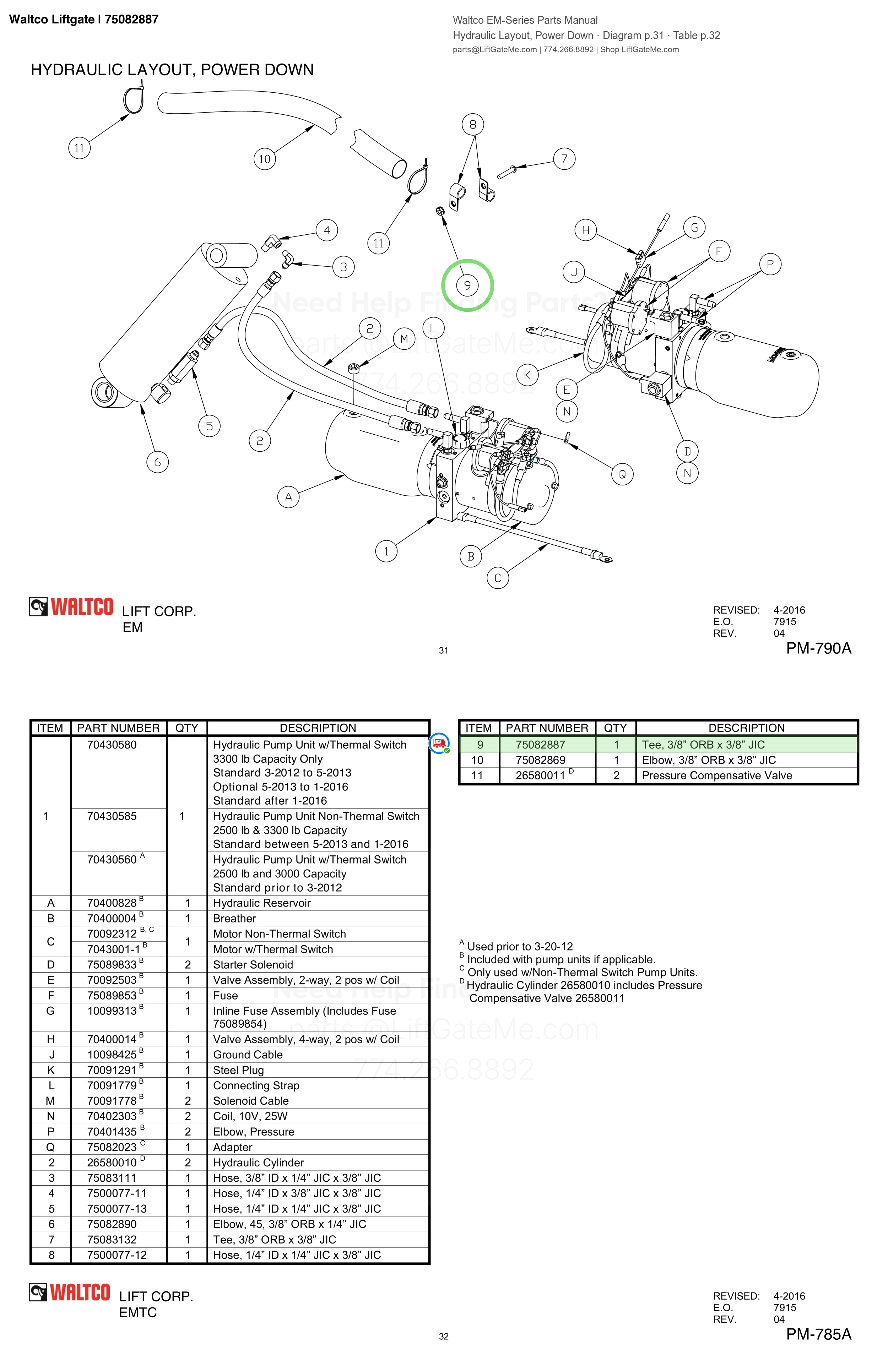 Waltco Liftgate | 75082887 — Hydraulic Layout, Power Down · Diagram p.31 · Table p.32 (Waltco EM-Series Parts Manual)
