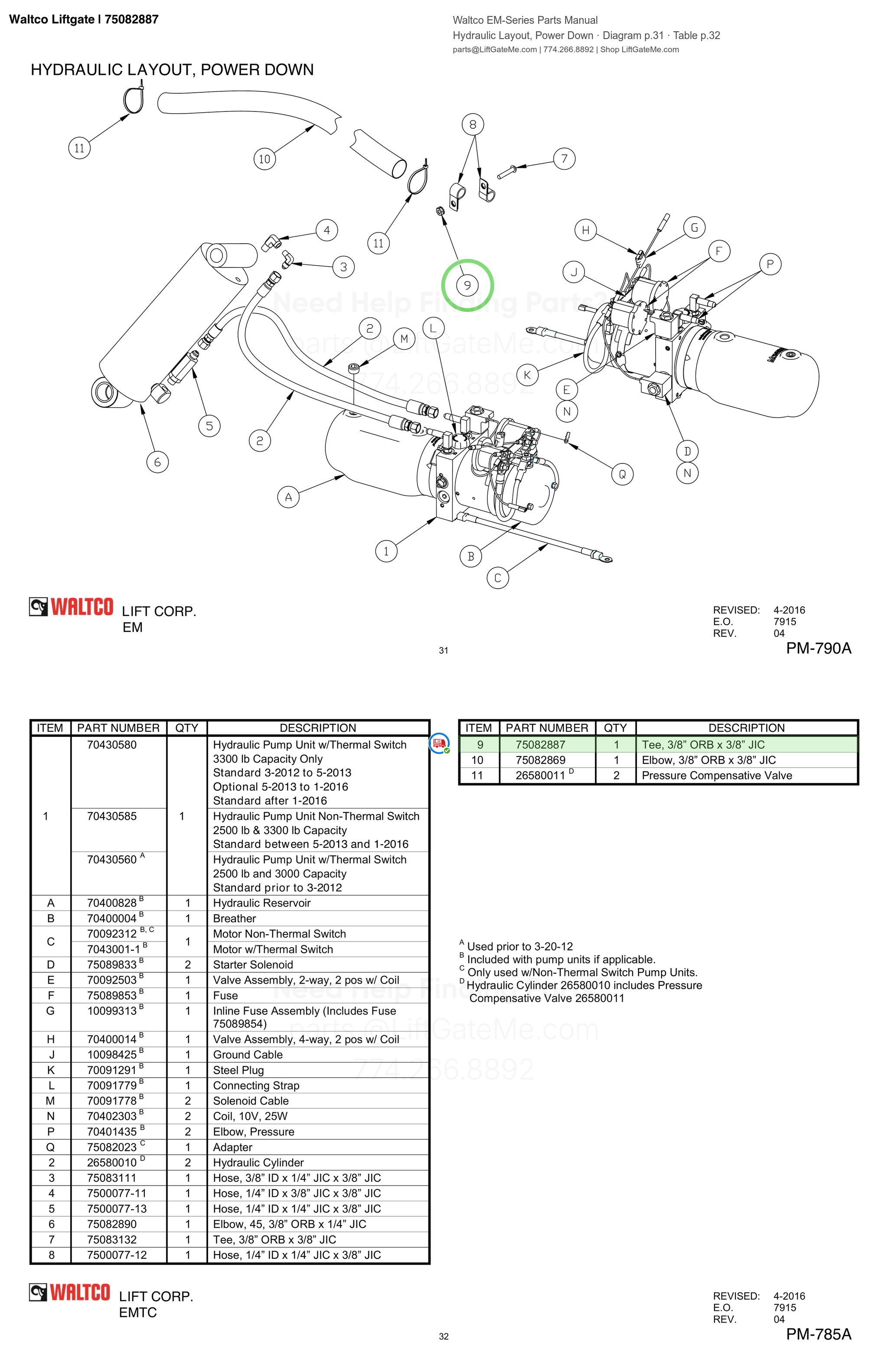 Waltco Liftgate | 75082887 — Hydraulic Layout, Power Down · Diagram p.31 · Table p.32 (Waltco EM-Series Parts Manual)