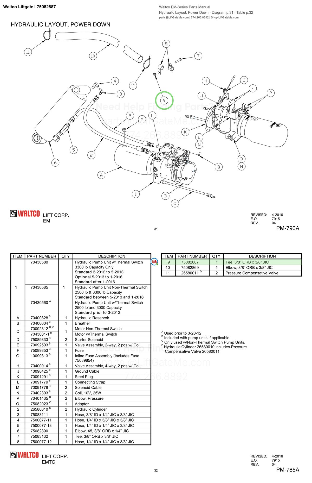 Waltco Liftgate | 75082887 — Hydraulic Layout, Power Down · Diagram p.31 · Table p.32 (Waltco EM-Series Parts Manual)