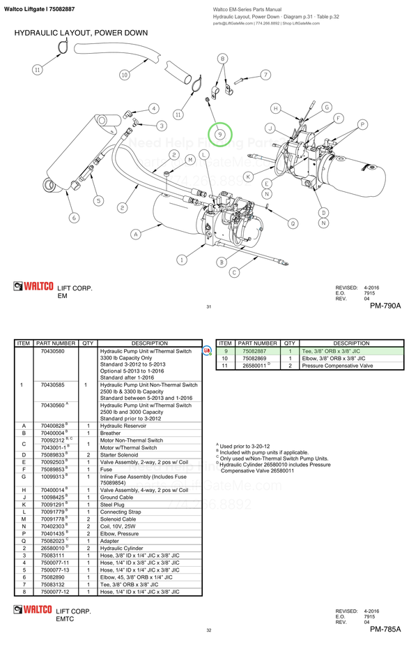 Waltco Liftgate | 75082887 — Hydraulic Layout, Power Down · Diagram p.31 · Table p.32 (Waltco EM-Series Parts Manual)