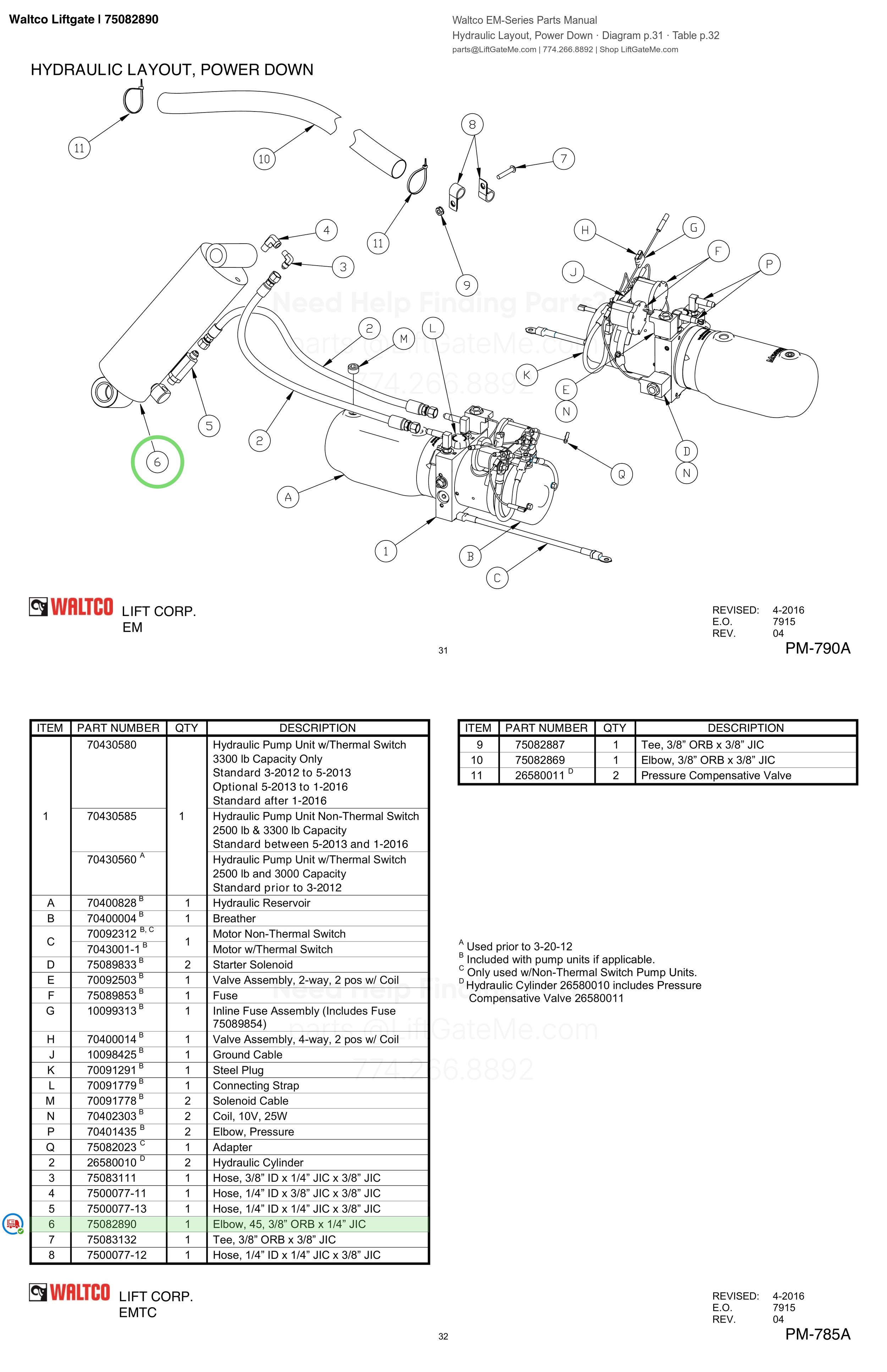 Waltco Liftgate | 75082890 — Hydraulic Layout, Power Down · Diagram p.31 · Table p.32 (Waltco EM-Series Parts Manual)
