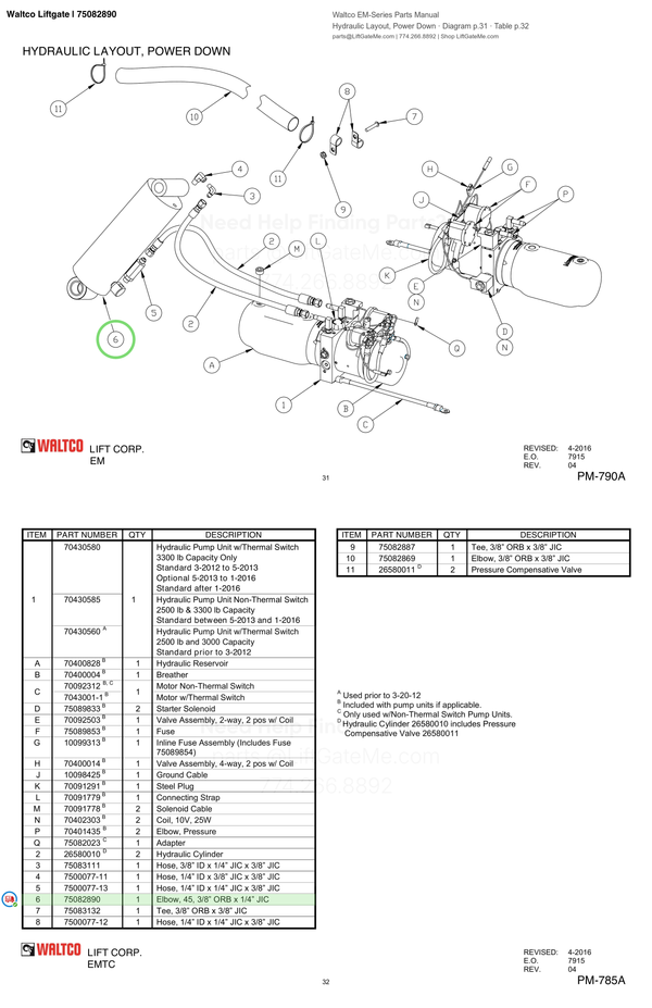 Waltco Liftgate | 75082890 — Hydraulic Layout, Power Down · Diagram p.31 · Table p.32 (Waltco EM-Series Parts Manual)