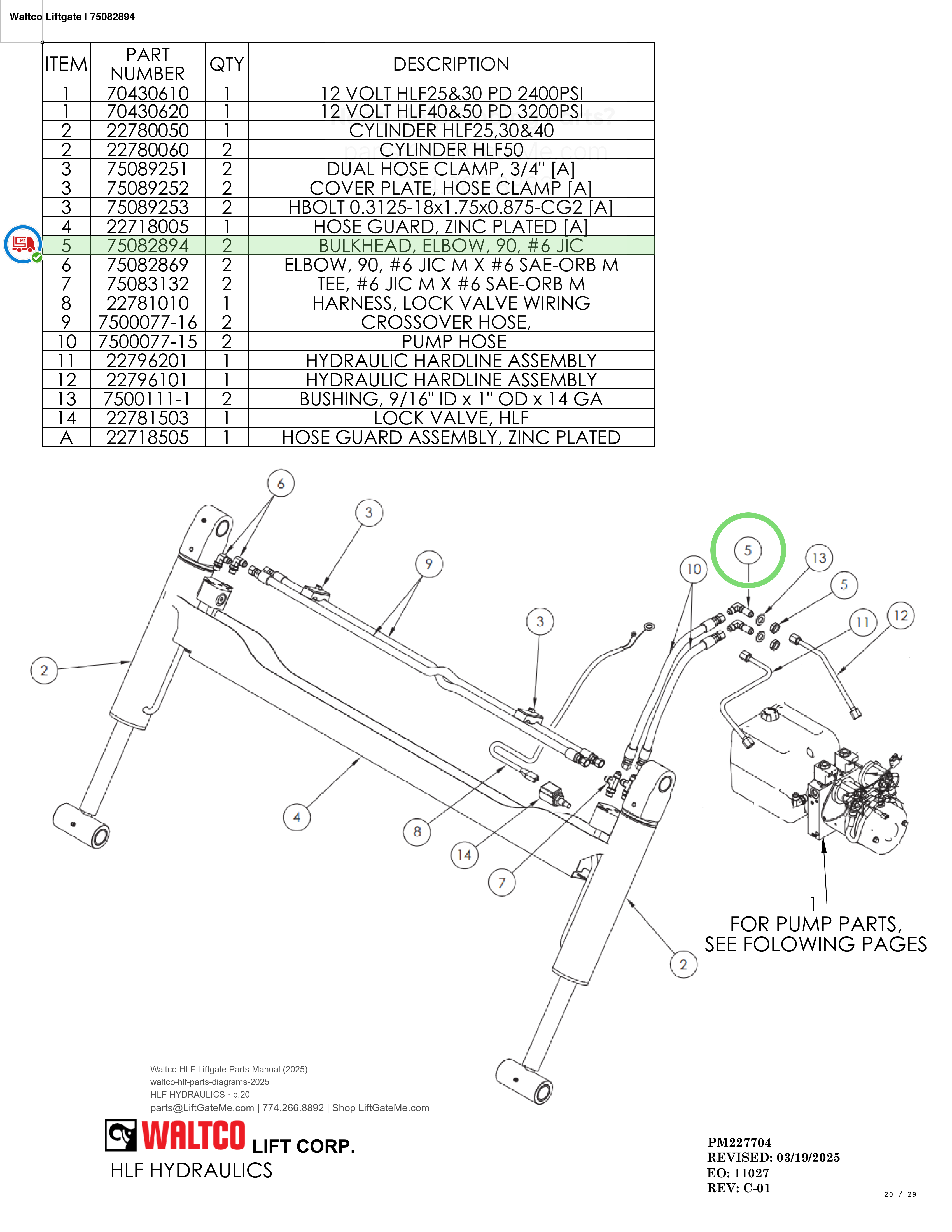 Waltco Liftgate | 75082894 — HLF HYDRAULICS · p.20 (Waltco HLF Parts Manual)