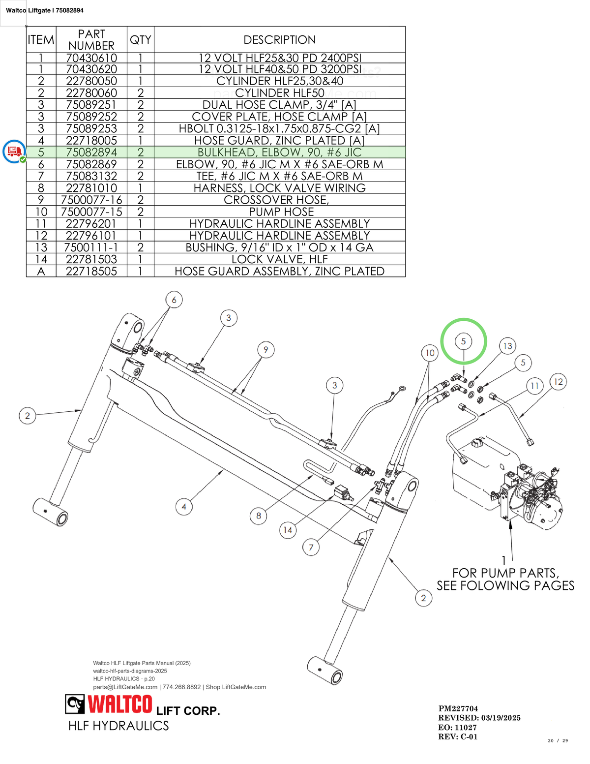 Waltco Liftgate | 75082894 — HLF HYDRAULICS · p.20 (Waltco HLF Parts Manual)