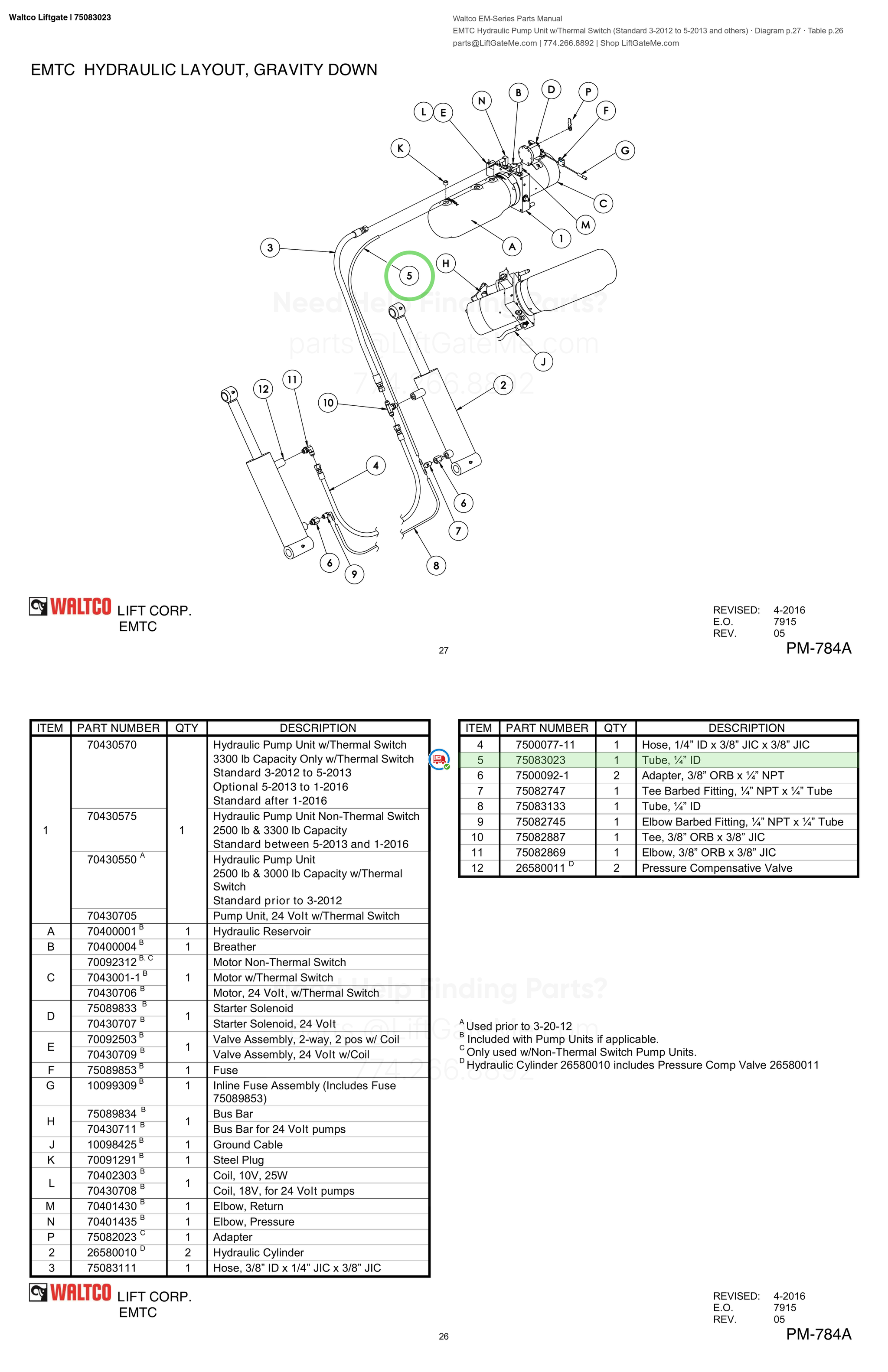 Waltco Liftgate | 75083023 — EMTC Hydraulic Pump Unit w/Thermal Switch (Standard 3-2012 to 5-2013 and others) · Diagram p.27 · Table p.26 (Waltco EM-Series Parts Manual)