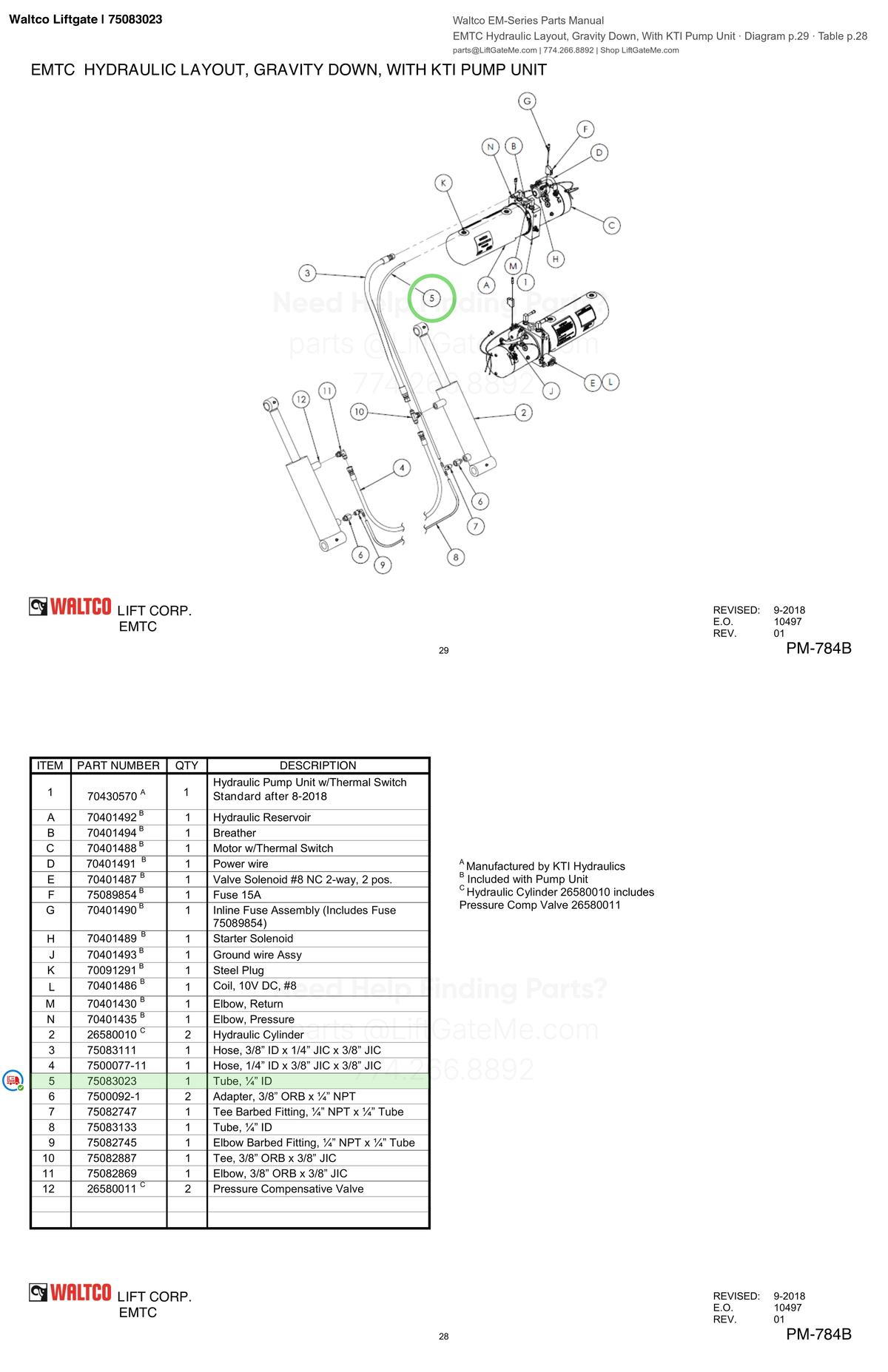 Waltco Liftgate | 75083023 — EMTC Hydraulic Layout, Gravity Down, With KTI Pump Unit · Diagram p.29 · Table p.28 (Waltco EM-Series Parts Manual)