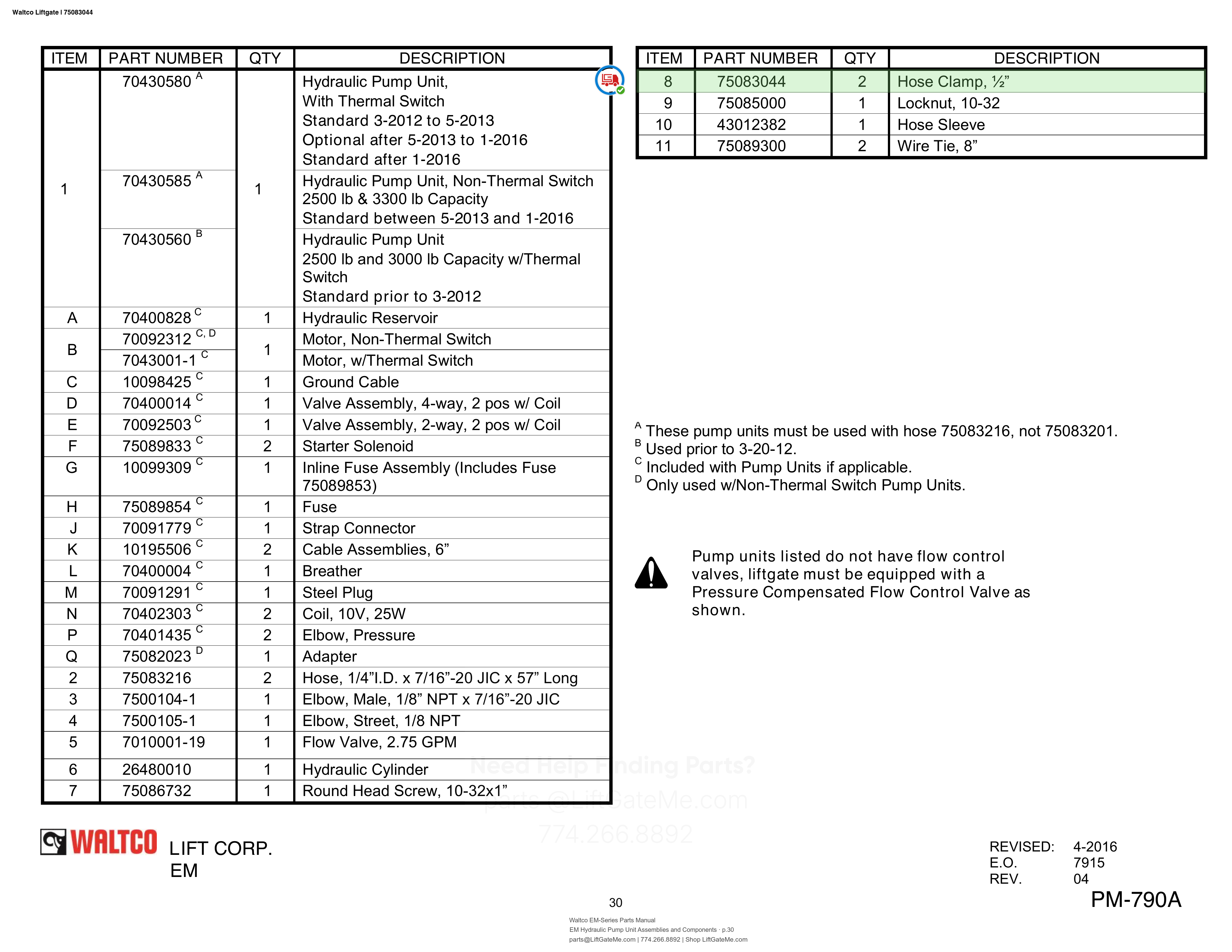 Waltco Liftgate | 75083044 — EM Hydraulic Pump Unit Assemblies and Components · p.30 (Waltco EM-Series Parts Manual)