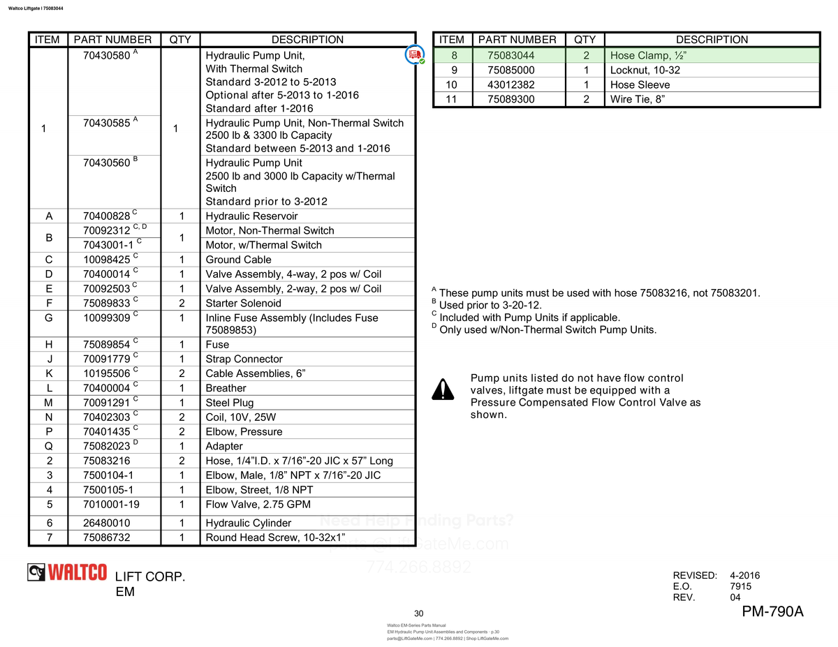 Waltco Liftgate | 75083044 — EM Hydraulic Pump Unit Assemblies and Components · p.30 (Waltco EM-Series Parts Manual)