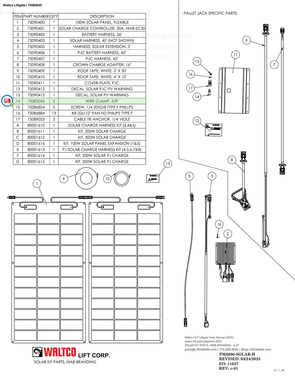 Waltco Liftgate | 75083045 — SOLAR KIT PARTS, HIAB BRANDING · p.27 (Waltco HLF Parts Manual)