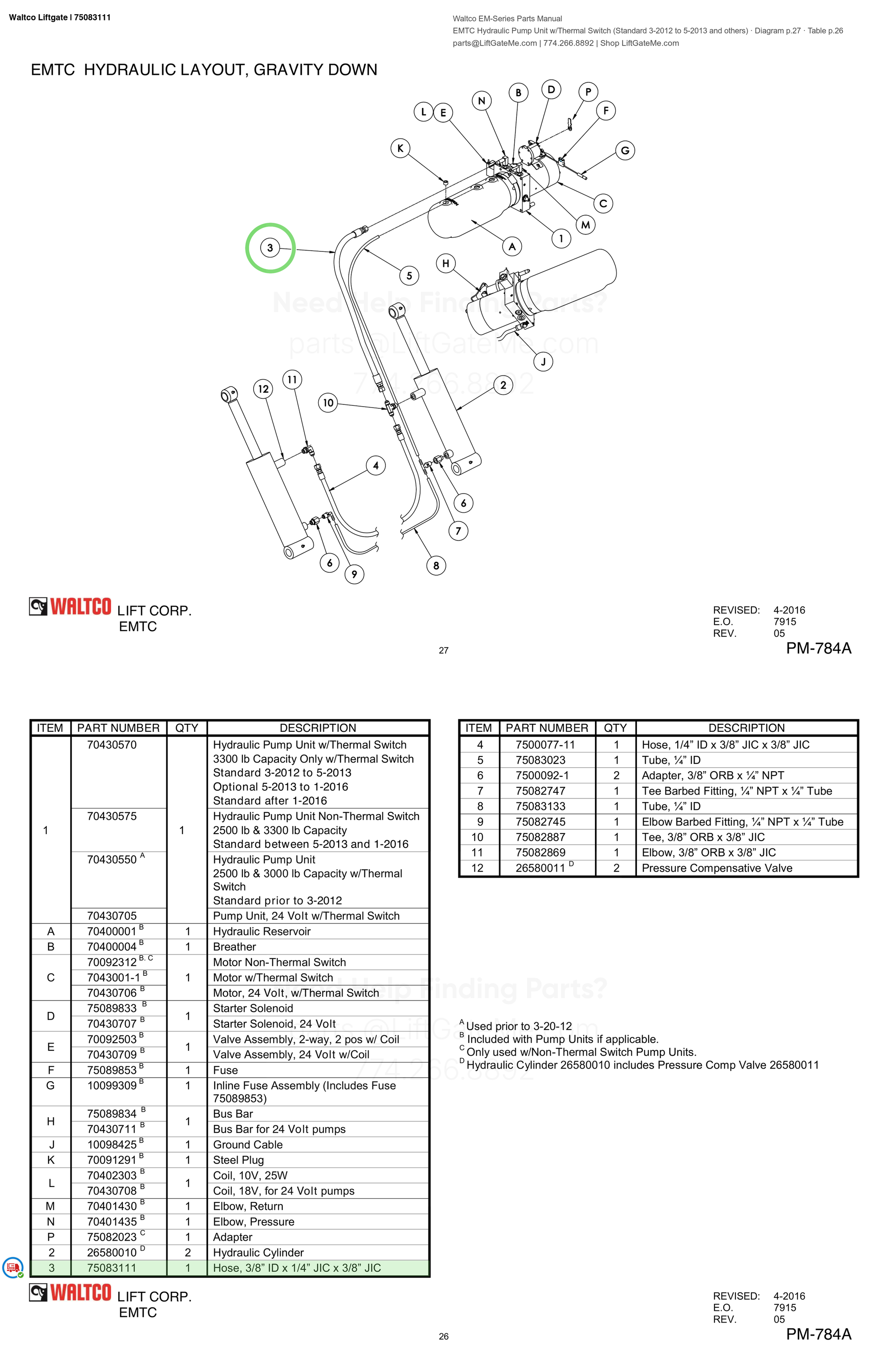Waltco Liftgate | 75083111 — EMTC Hydraulic Pump Unit w/Thermal Switch (Standard 3-2012 to 5-2013 and others) · Diagram p.27 · Table p.26 (Waltco EM-Series Parts Manual)