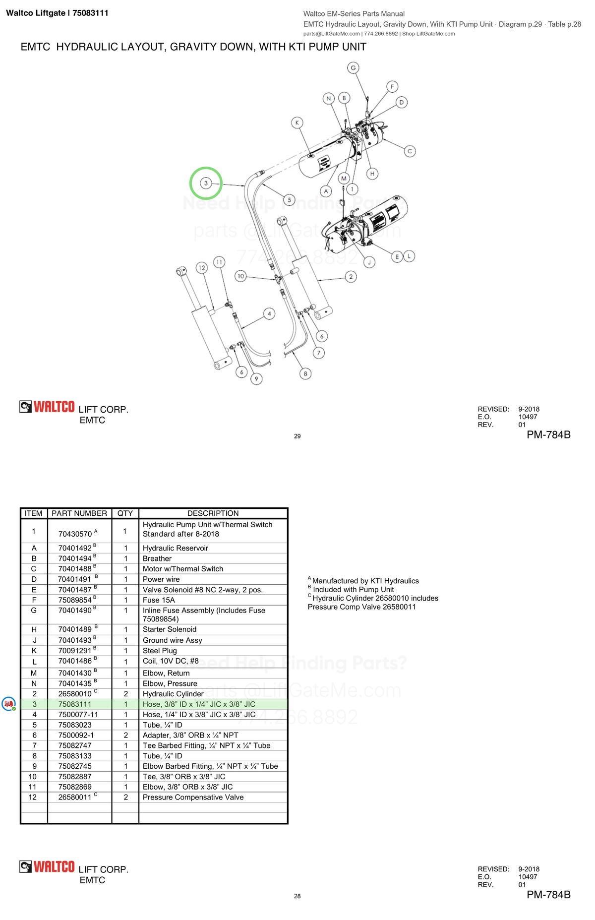 Waltco Liftgate | 75083111 — EMTC Hydraulic Layout, Gravity Down, With KTI Pump Unit · Diagram p.29 · Table p.28 (Waltco EM-Series Parts Manual)