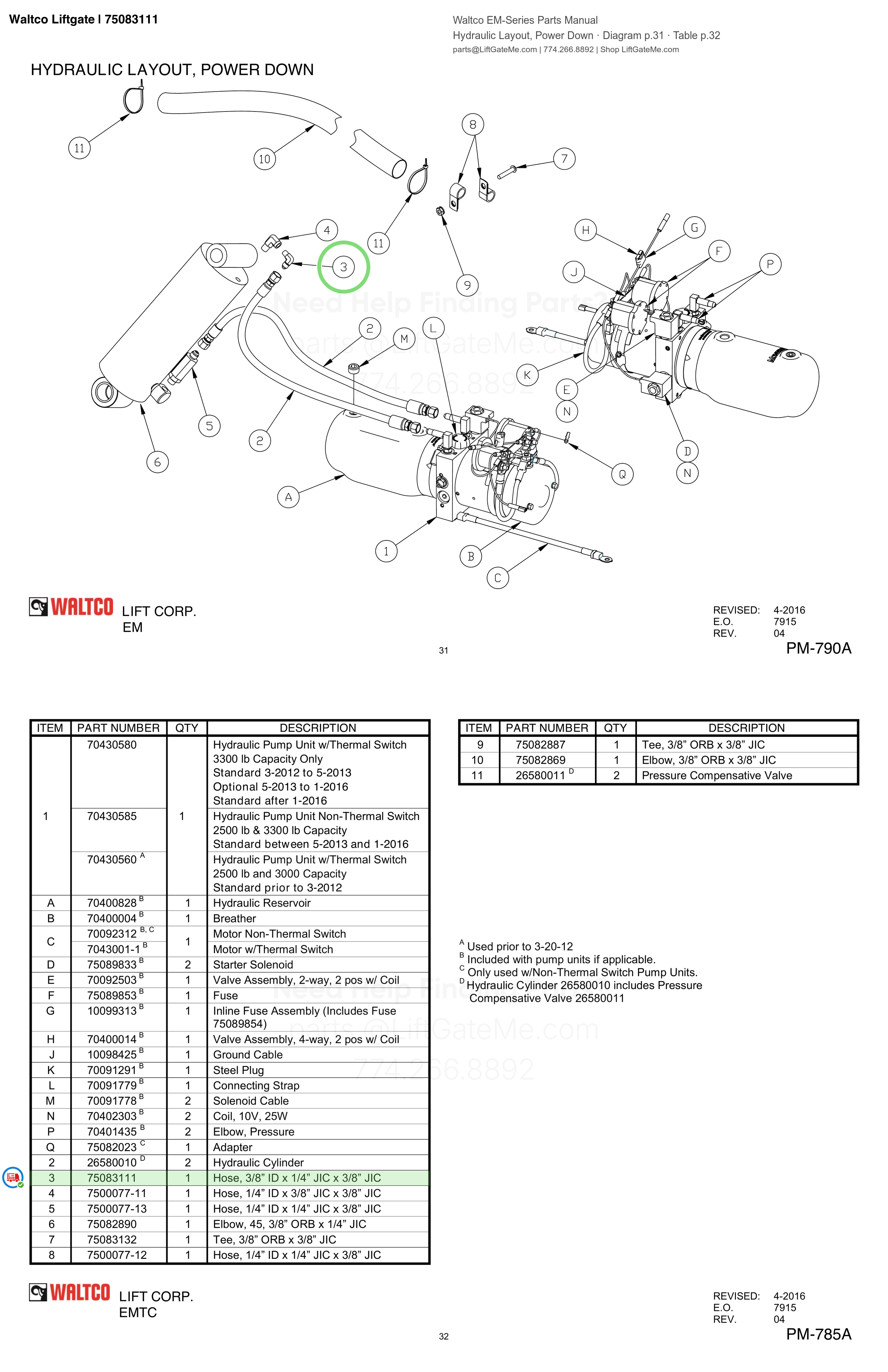 Waltco Liftgate | 75083111 — Hydraulic Layout, Power Down · Diagram p.31 · Table p.32 (Waltco EM-Series Parts Manual)