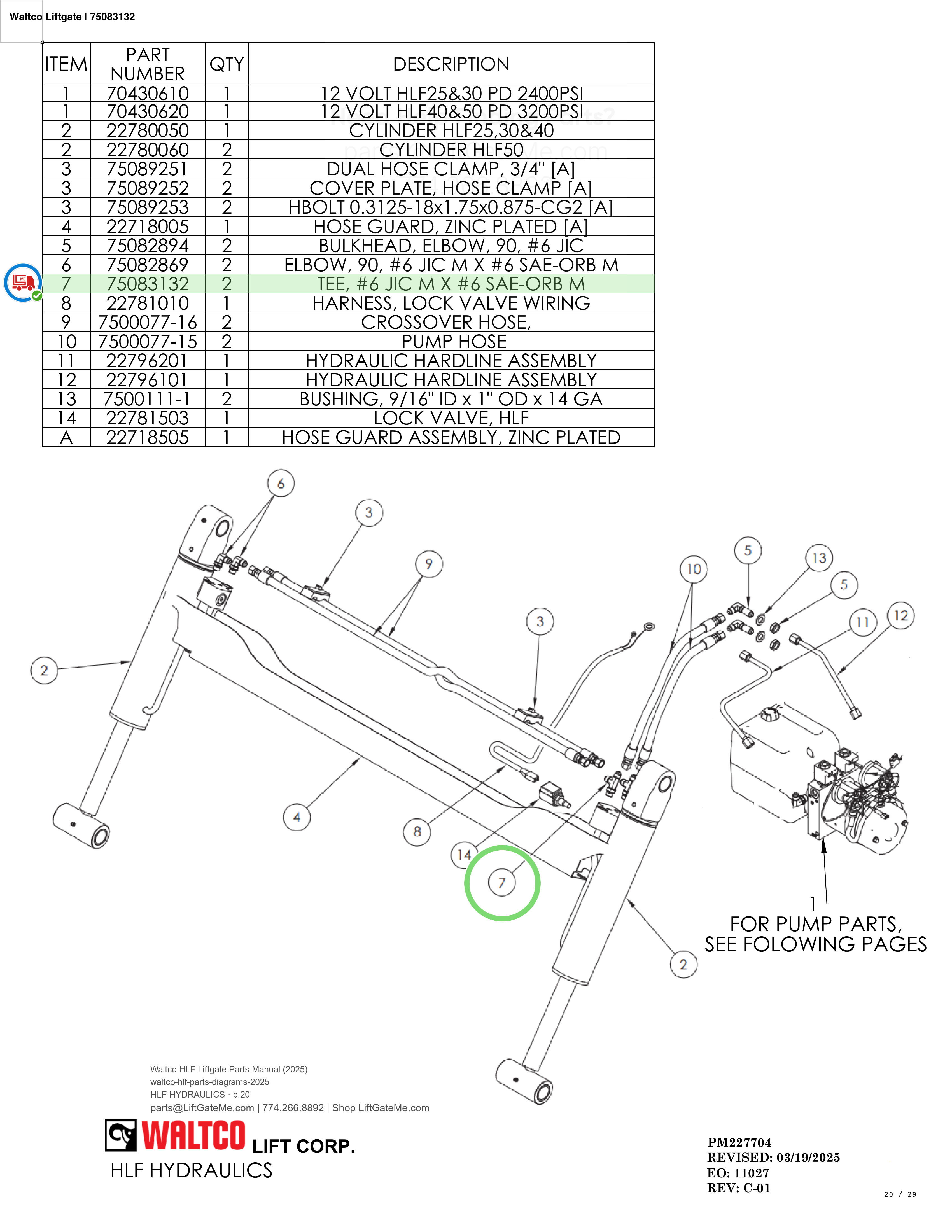 Waltco Liftgate | 75083132 — HLF HYDRAULICS · p.20 (Waltco HLF Parts Manual)