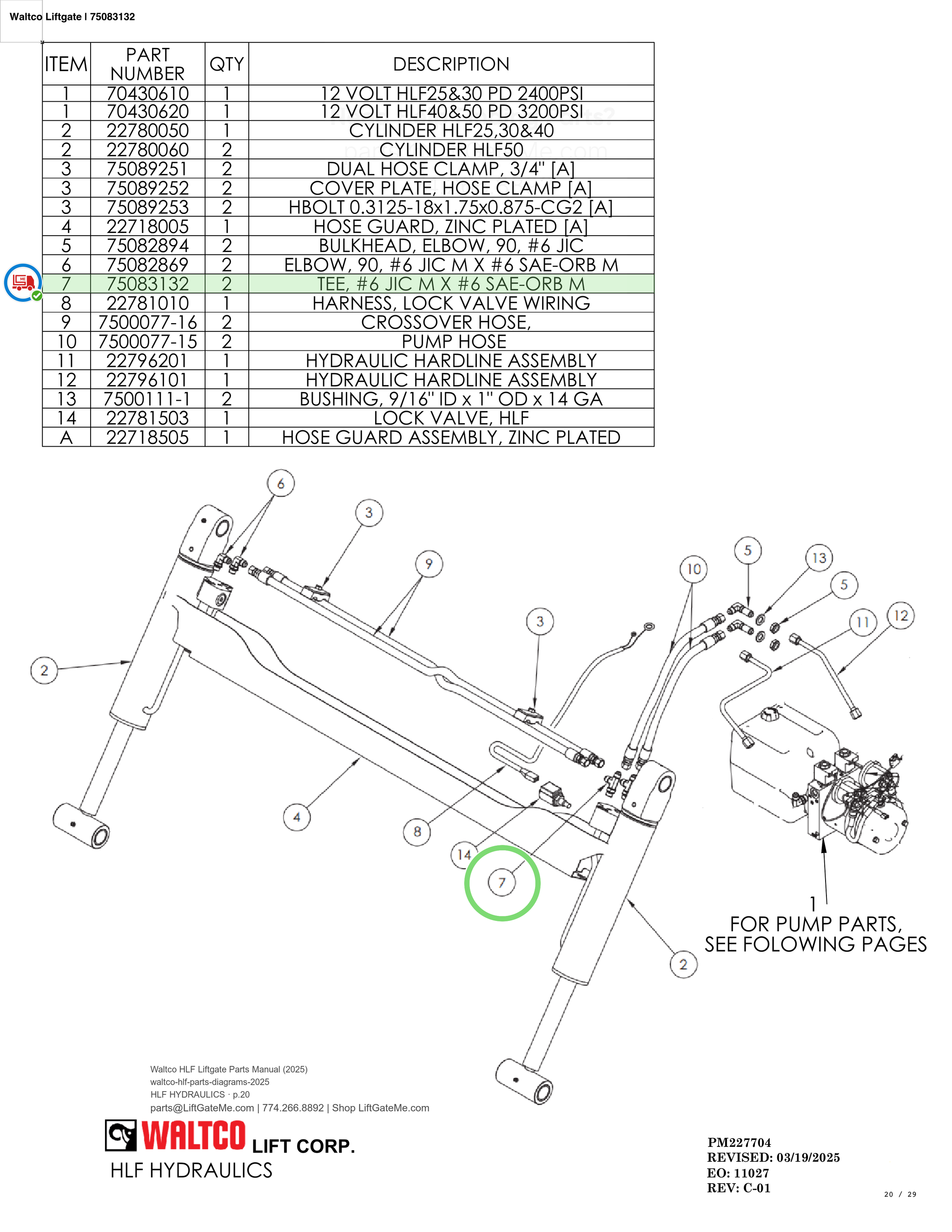Waltco Liftgate | 75083132 — HLF HYDRAULICS · p.20 (Waltco HLF Parts Manual)