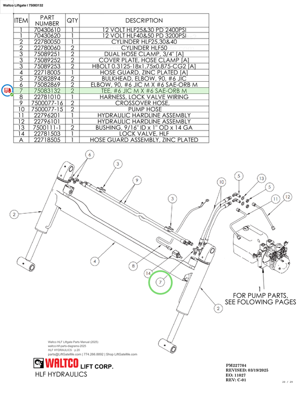 Waltco Liftgate | 75083132 — HLF HYDRAULICS · p.20 (Waltco HLF Parts Manual)