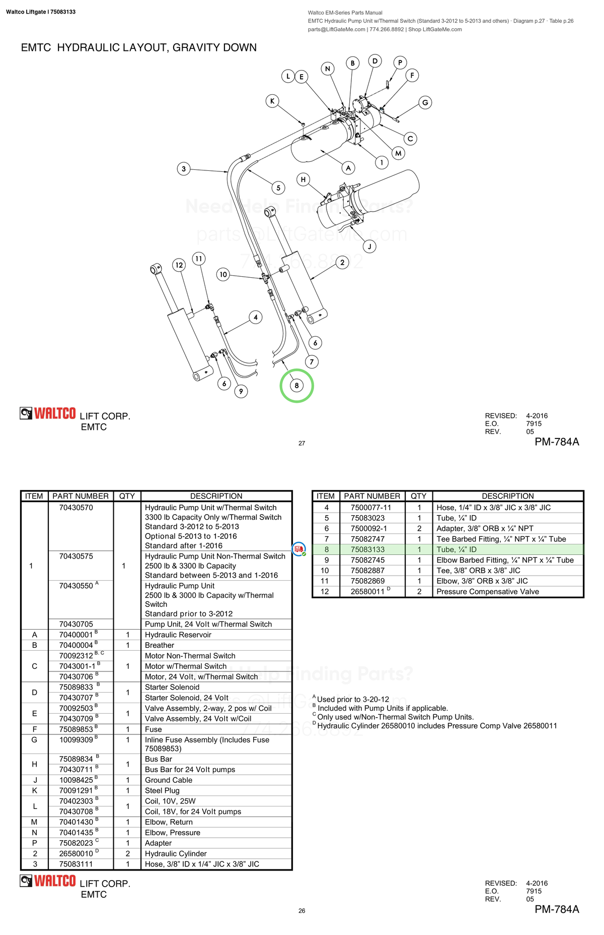 Waltco Liftgate | 75083133 — EMTC Hydraulic Pump Unit w/Thermal Switch (Standard 3-2012 to 5-2013 and others) · Diagram p.27 · Table p.26 (Waltco EM-Series Parts Manual)