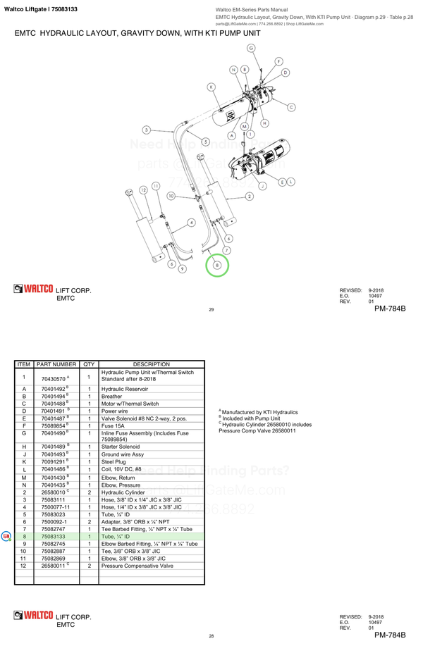 Waltco Liftgate | 75083133 — EMTC Hydraulic Layout, Gravity Down, With KTI Pump Unit · Diagram p.29 · Table p.28 (Waltco EM-Series Parts Manual)