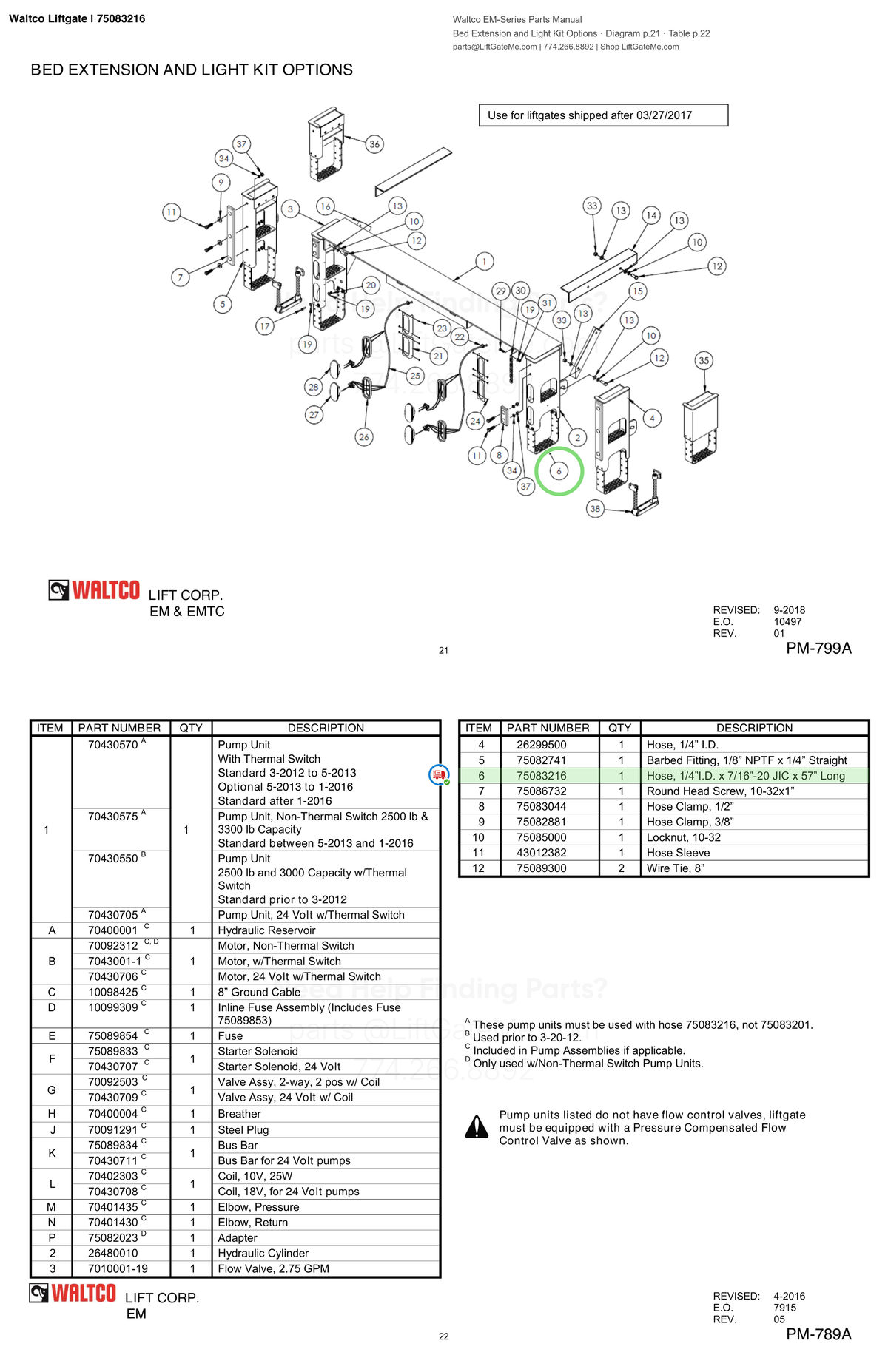 Waltco Liftgate | 75083216 — Bed Extension and Light Kit Options · Diagram p.21 · Table p.22 (Waltco EM-Series Parts Manual)