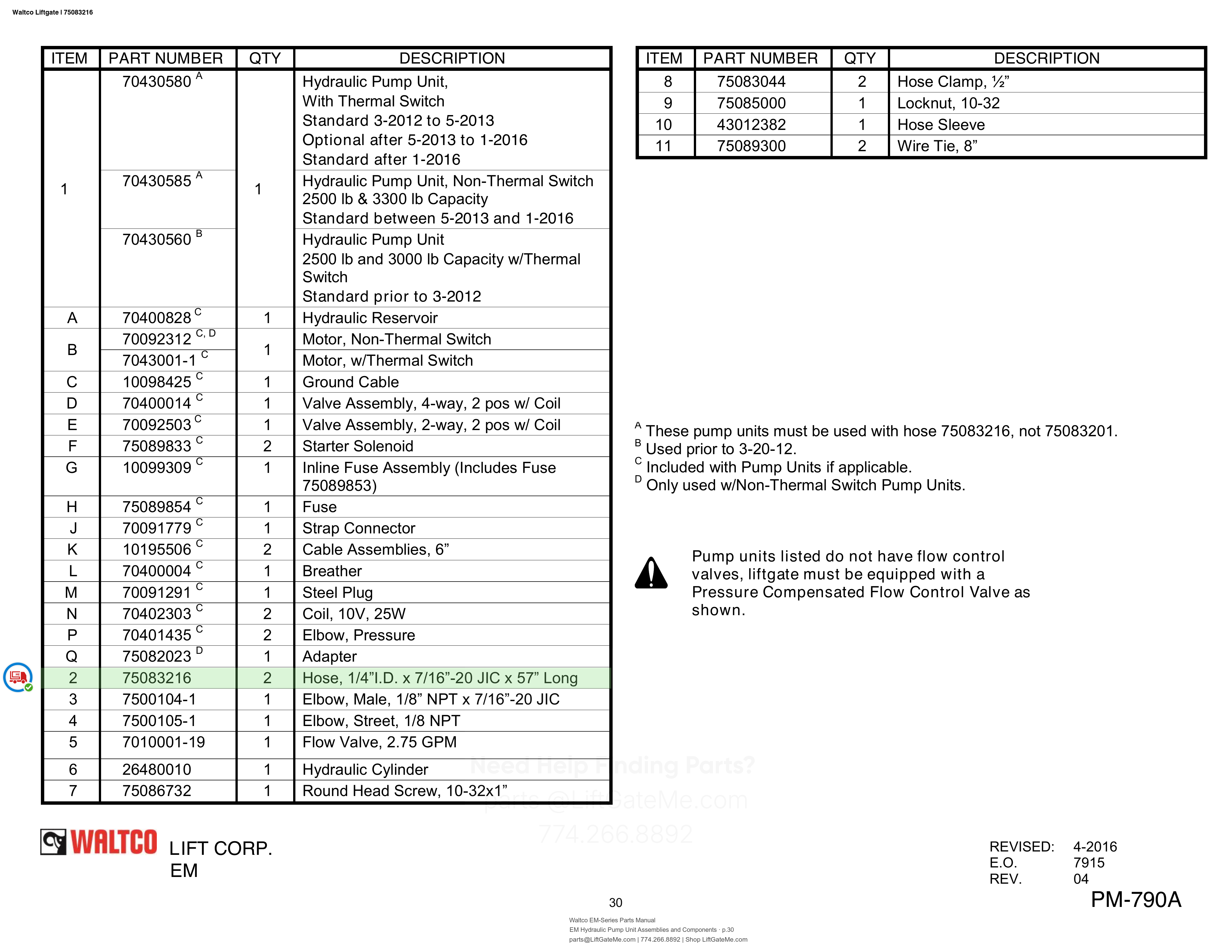 Waltco Liftgate | 75083216 — EM Hydraulic Pump Unit Assemblies and Components · p.30 (Waltco EM-Series Parts Manual)