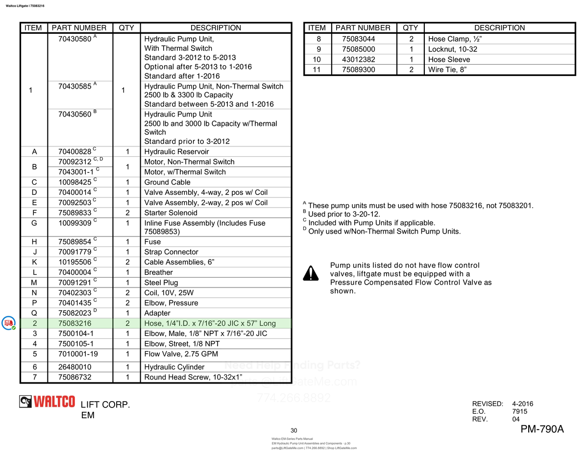 Waltco Liftgate | 75083216 — EM Hydraulic Pump Unit Assemblies and Components · p.30 (Waltco EM-Series Parts Manual)