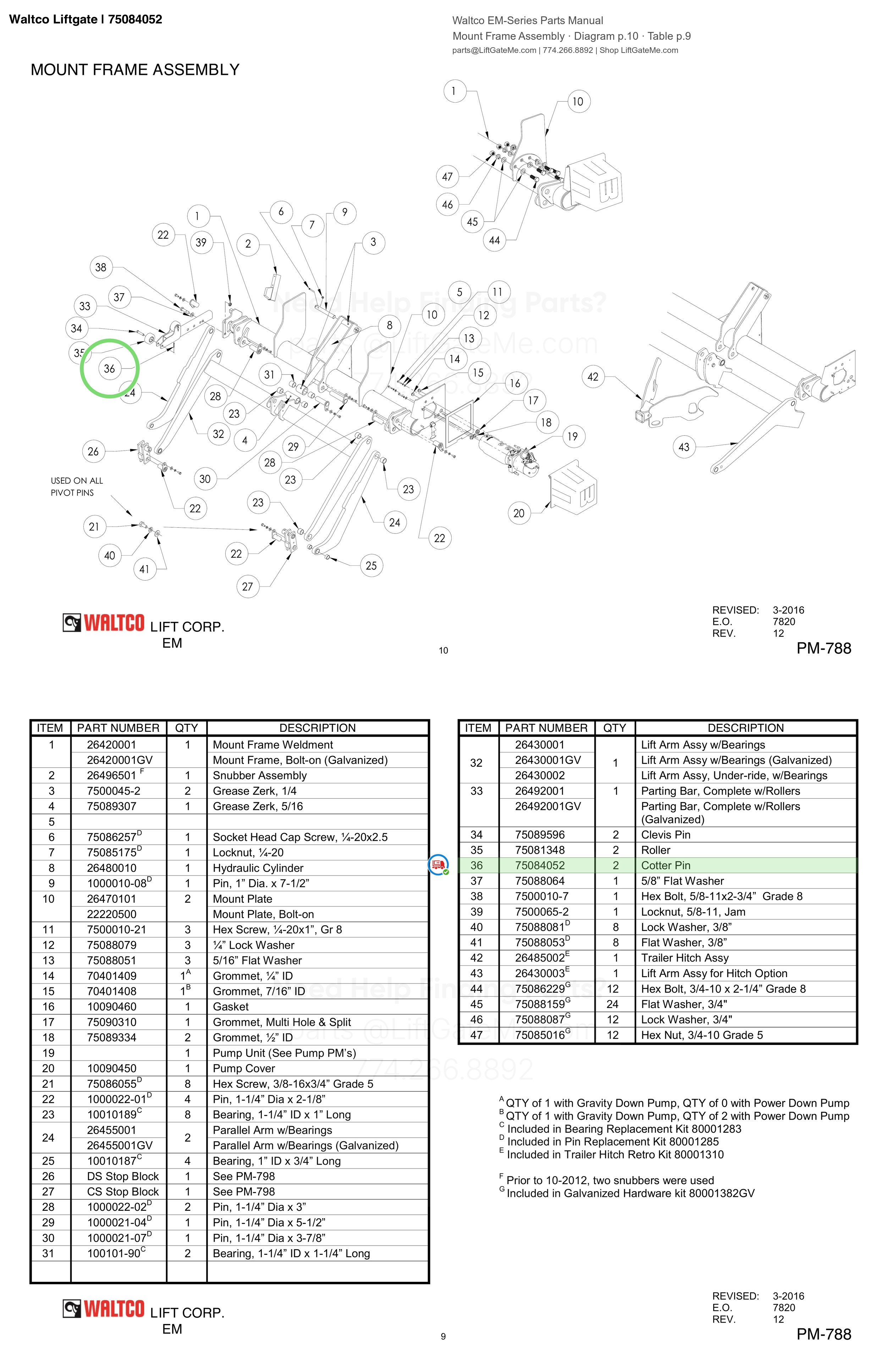 Waltco Liftgate | 75084052 — Mount Frame Assembly · Diagram p.10 · Table p.9 (Waltco EM-Series Parts Manual)