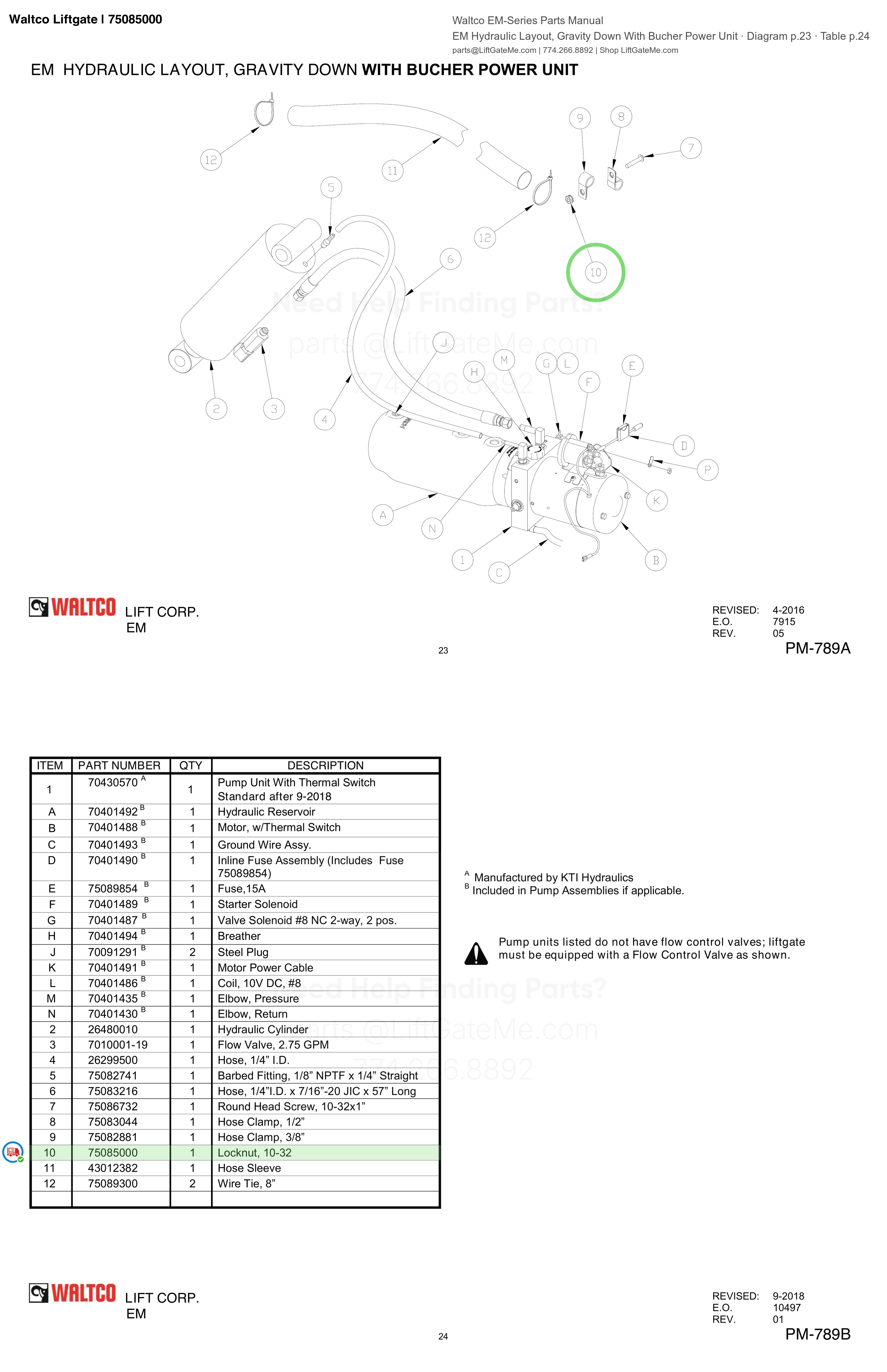 Waltco Liftgate | 75085000 — EM Hydraulic Layout, Gravity Down With Bucher Power Unit · Diagram p.23 · Table p.24 (Waltco EM-Series Parts Manual)