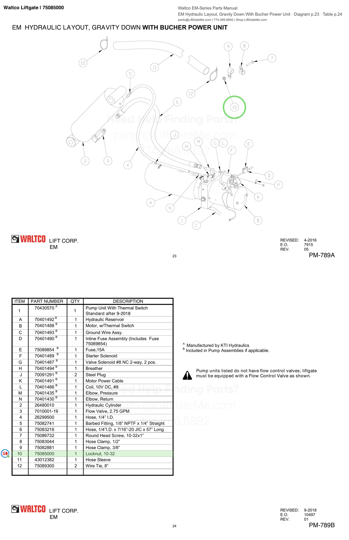 Waltco Liftgate | 75085000 — EM Hydraulic Layout, Gravity Down With Bucher Power Unit · Diagram p.23 · Table p.24 (Waltco EM-Series Parts Manual)