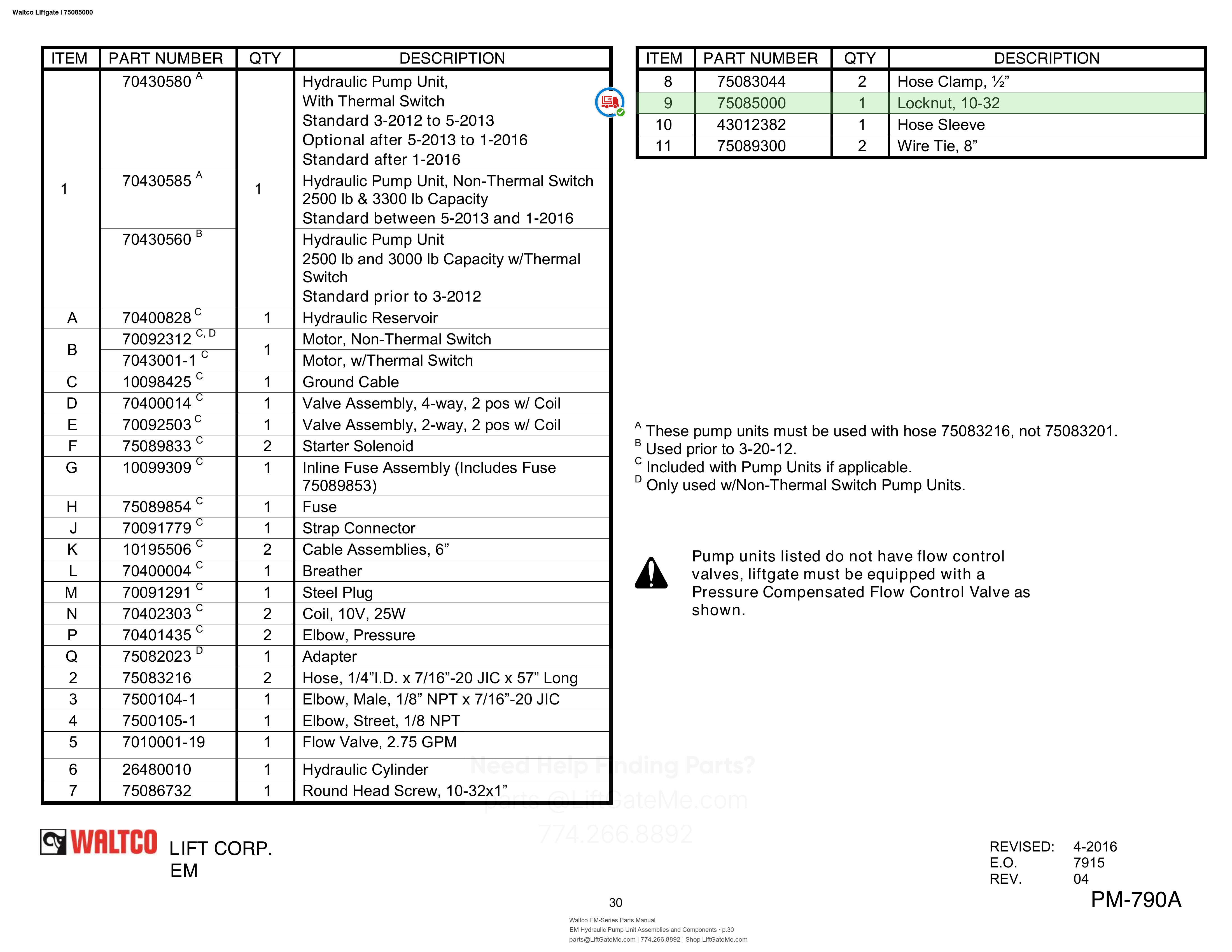 Waltco Liftgate | 75085000 — EM Hydraulic Pump Unit Assemblies and Components · p.30 (Waltco EM-Series Parts Manual)