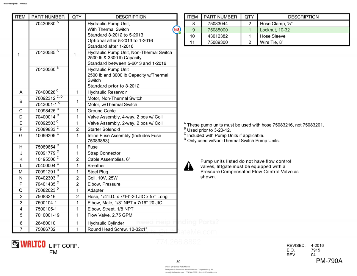 Waltco Liftgate | 75085000 — EM Hydraulic Pump Unit Assemblies and Components · p.30 (Waltco EM-Series Parts Manual)