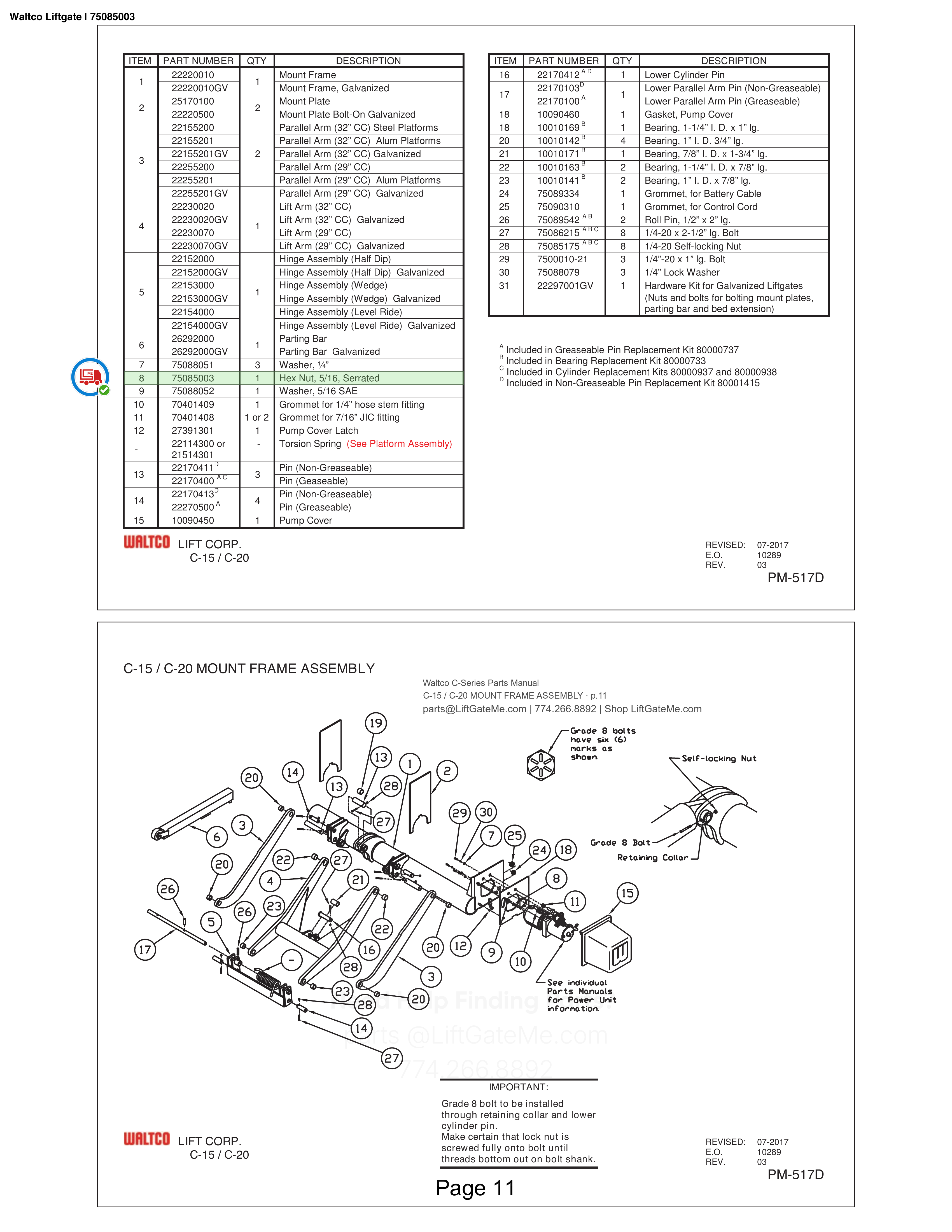 Waltco Liftgate | 75085003 — C-15 / C-20 MOUNT FRAME ASSEMBLY · p.11 (Waltco C-Series Parts Manual)