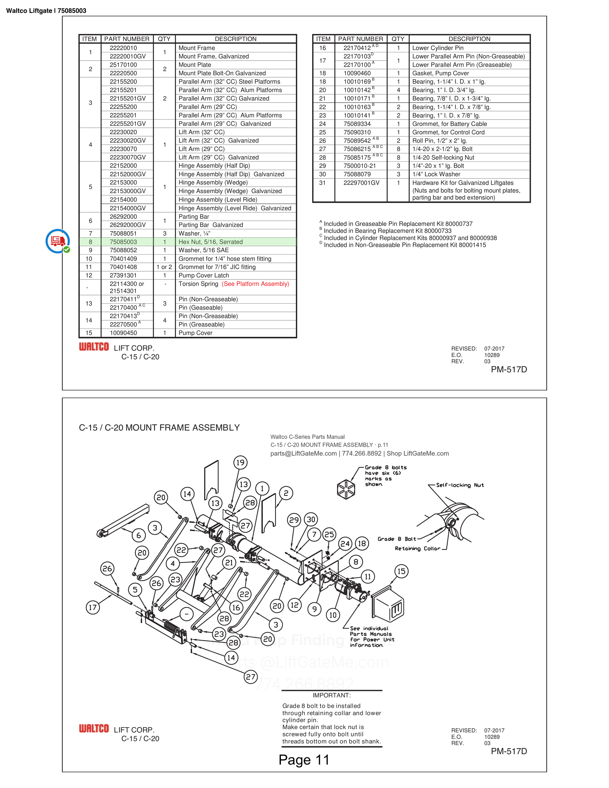 Waltco Liftgate | 75085003 — C-15 / C-20 MOUNT FRAME ASSEMBLY · p.11 (Waltco C-Series Parts Manual)