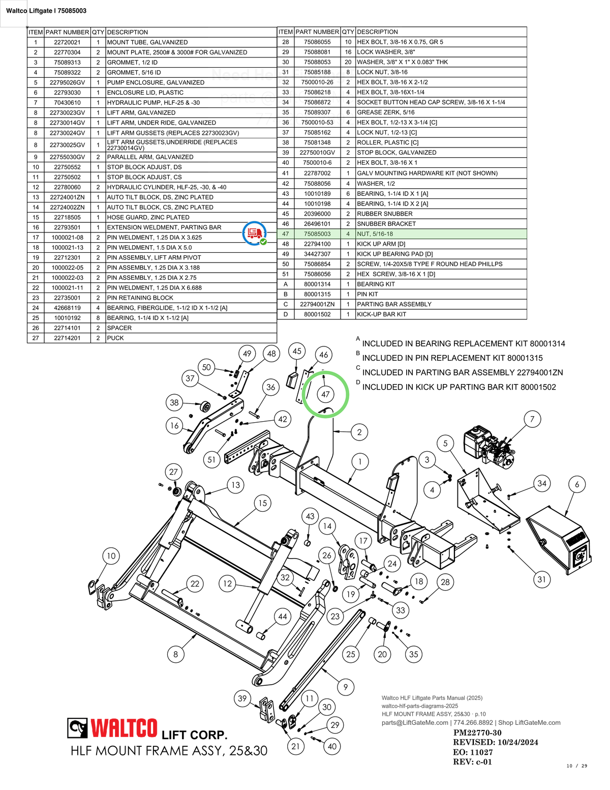 Waltco Liftgate | 75085003 — HLF MOUNT FRAME ASSY, 25&30 · p.10 (Waltco HLF Parts Manual)
