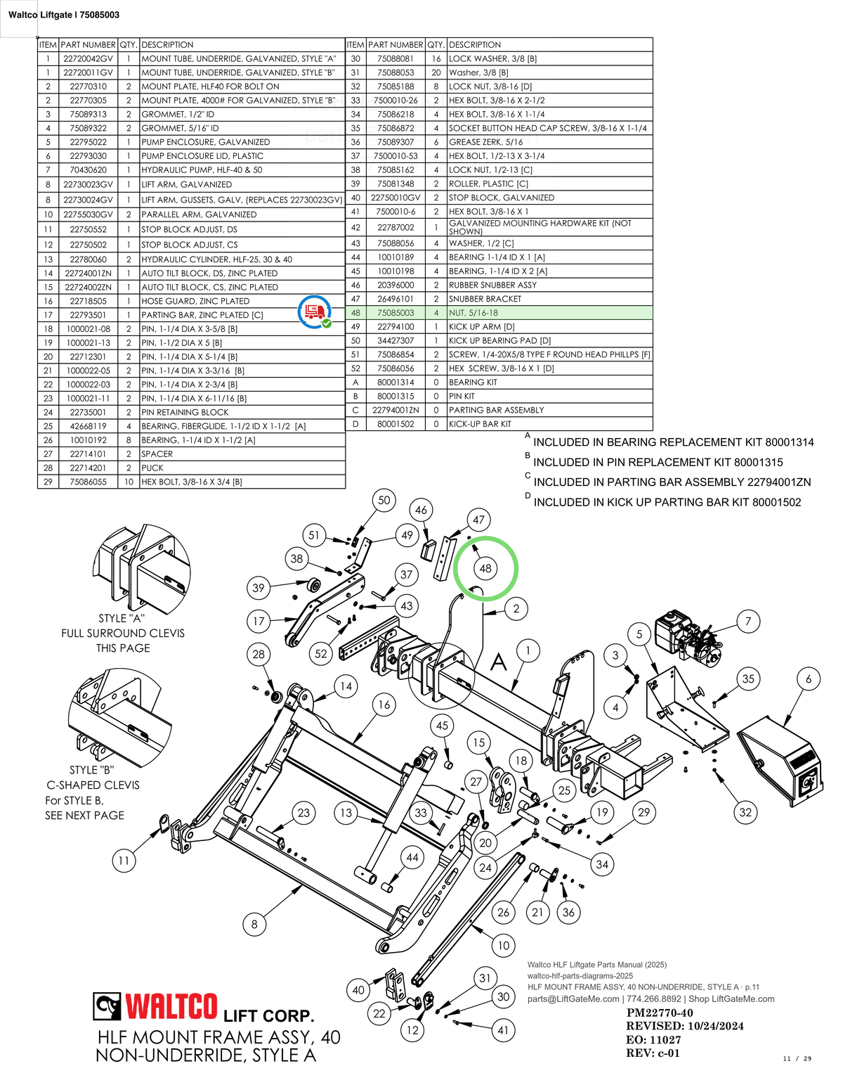 Waltco Liftgate | 75085003 — C-15 / C-20 MOUNT FRAME ASSEMBLY · p.11 (Waltco C-Series Parts Manual)