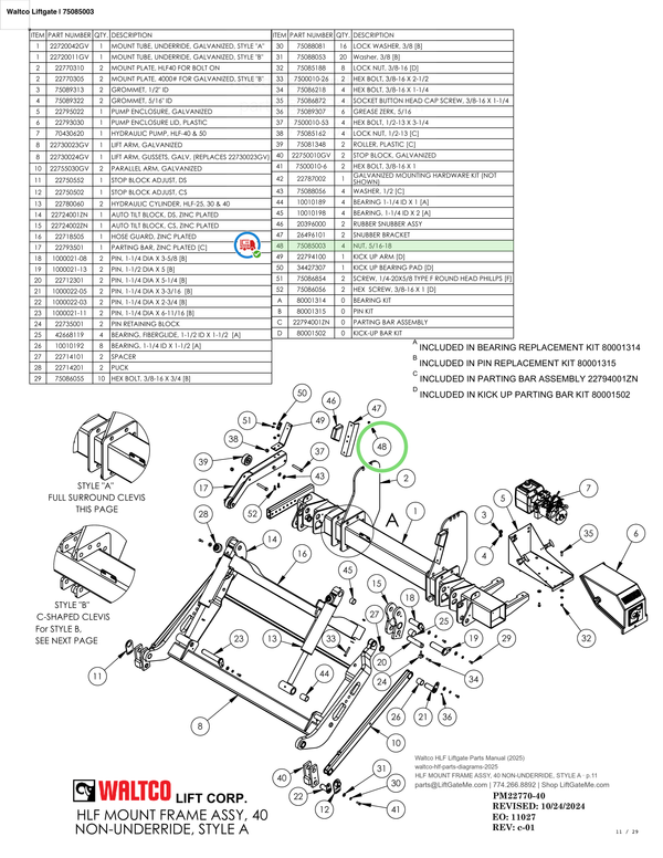 Waltco Liftgate | 75085003 — C-15 / C-20 MOUNT FRAME ASSEMBLY · p.11 (Waltco C-Series Parts Manual)