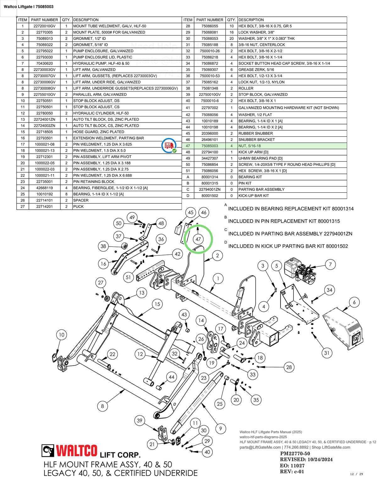 Waltco Liftgate | 75085003 — HLF MOUNT FRAME ASSY, 40 & 50 LEGACY 40, 50, & CERTIFIED UNDERRIDE · p.12 (Waltco HLF Parts Manual)
